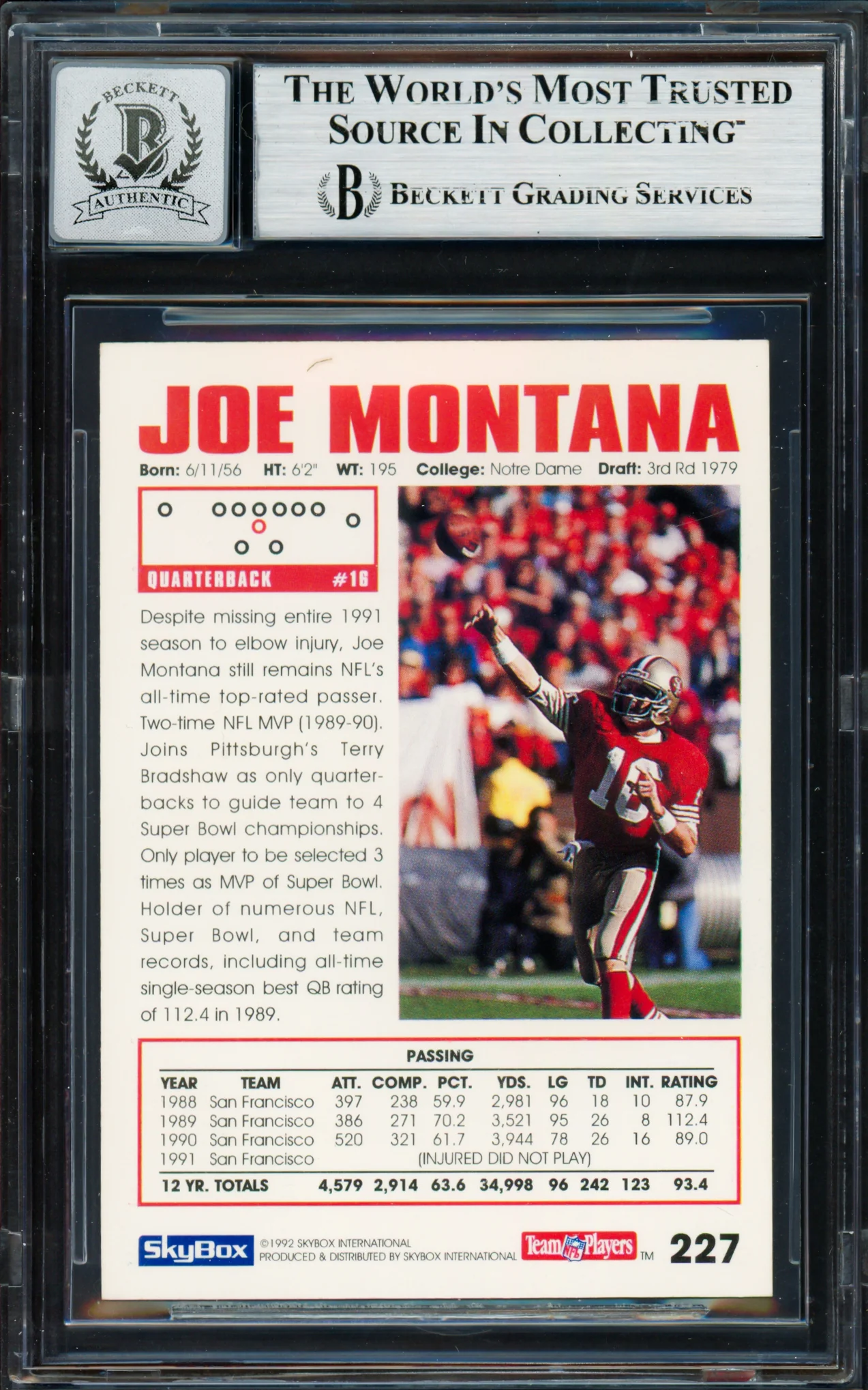 Joe Montana Autographed 1992 Skybox Card #227 San Francisco 49ers Auto Grade Gem Mint 10 Beckett BAS #19663655 - Image 2