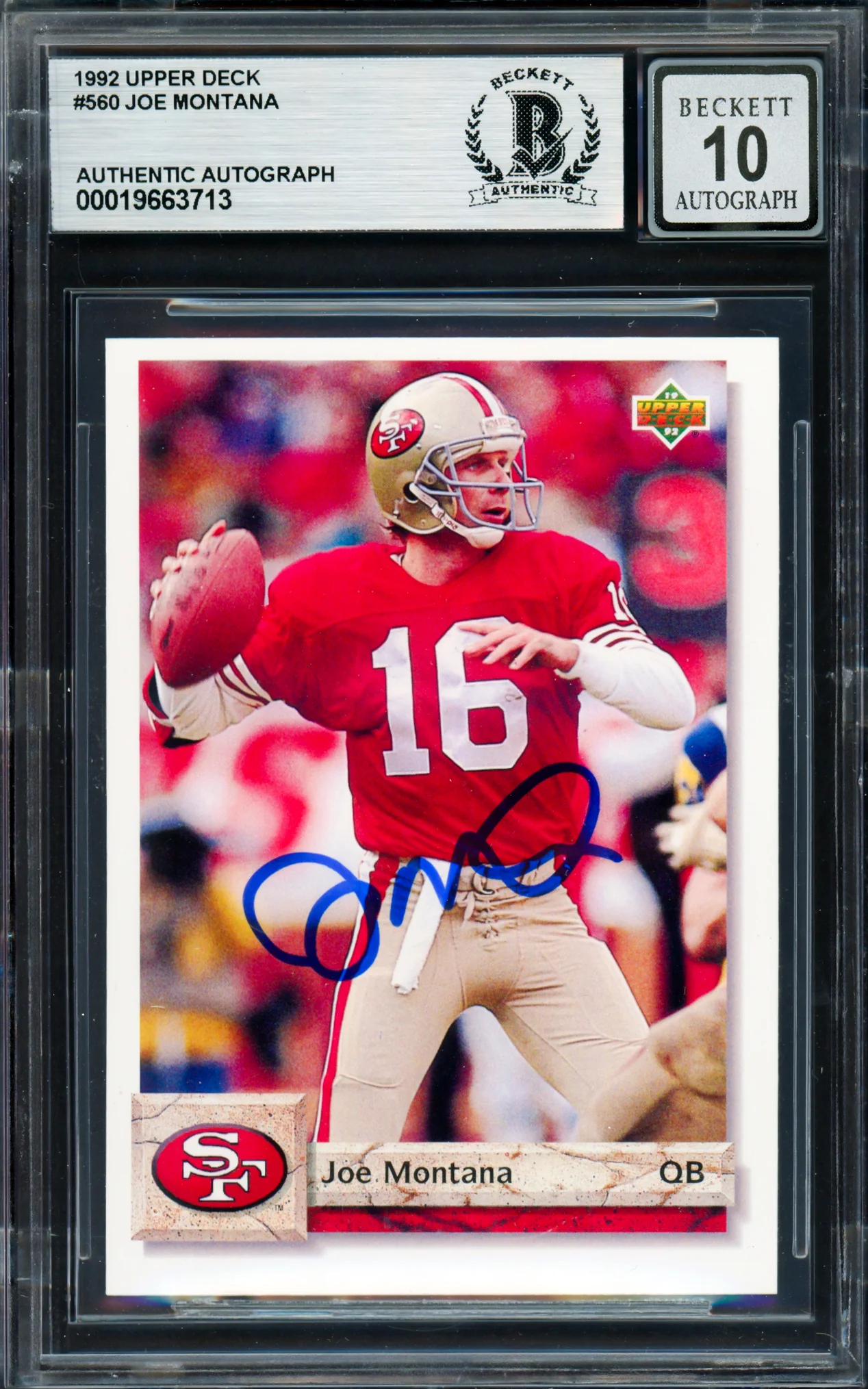 Joe Montana Autographed 1992 Upper Deck Card #560 San Francisco 49ers Auto Grade Gem Mint 10 Beckett BAS #19663713