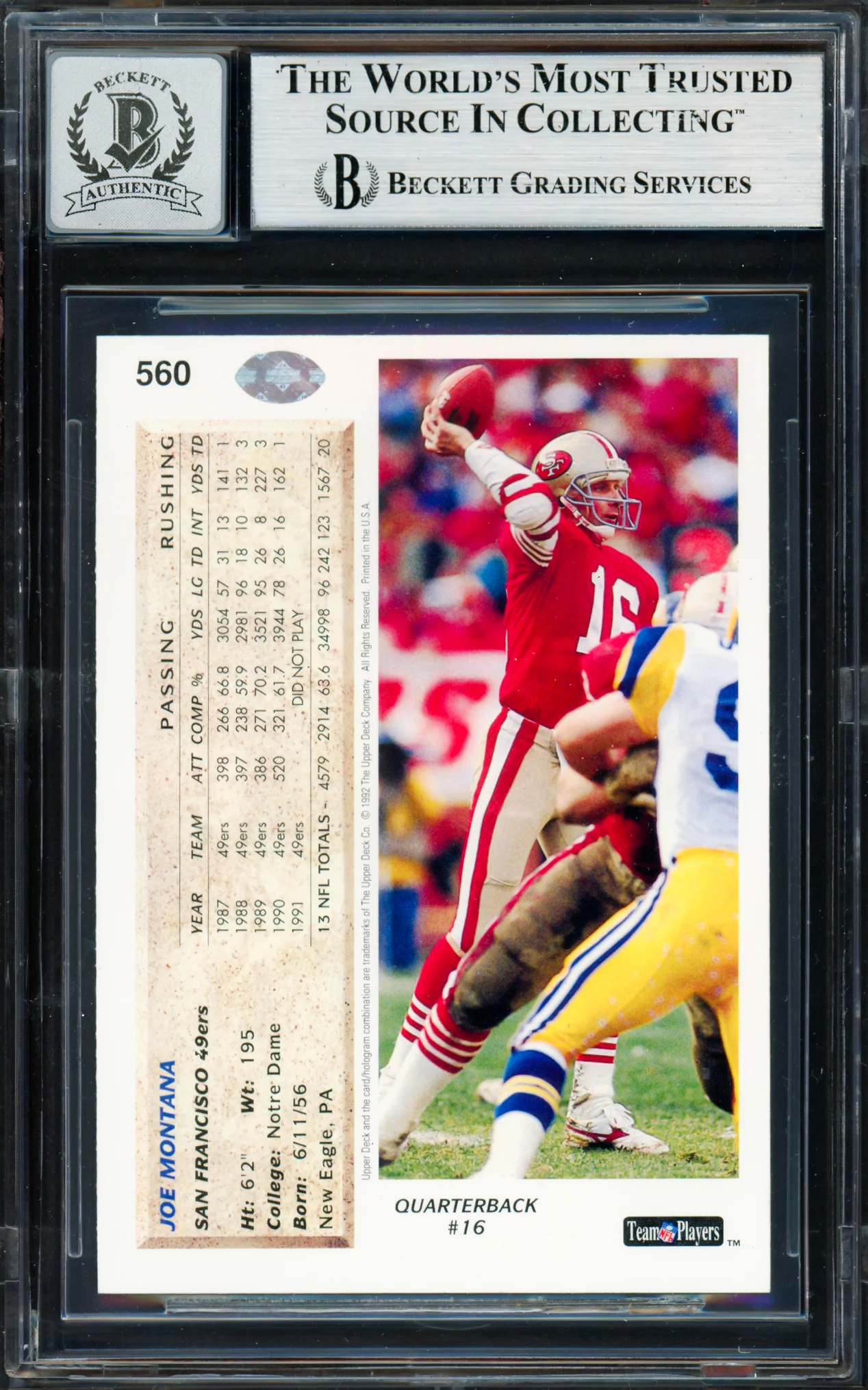 Joe Montana Autographed 1992 Upper Deck Card #560 San Francisco 49ers Auto Grade Gem Mint 10 Beckett BAS #19663713 - Image 2