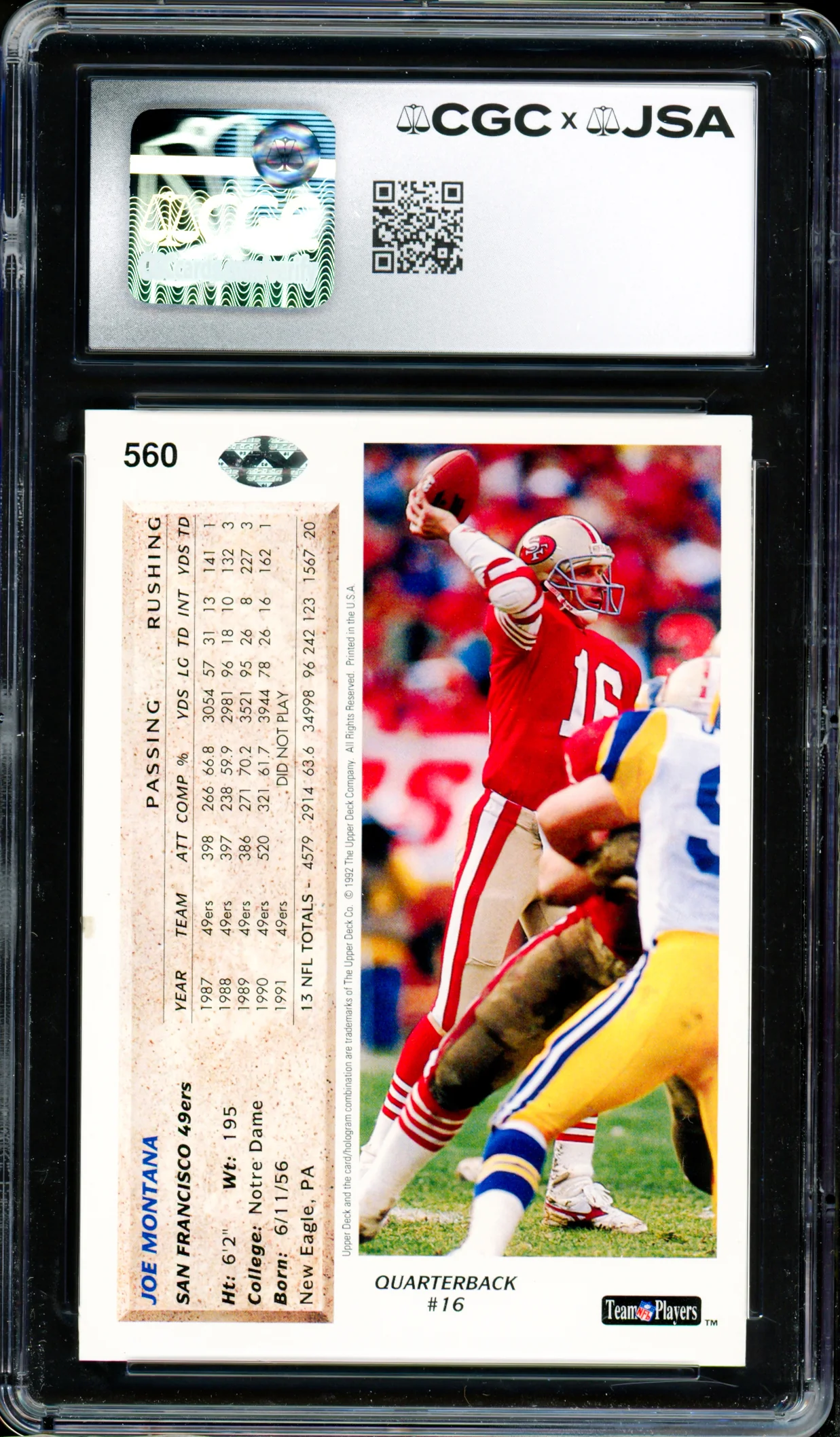 Joe Montana Autographed 1992 Upper Deck Card #560 San Francisco 49ers Auto Grade Gem Mint 10 CGC x JSA Stock #254422 - Image 2