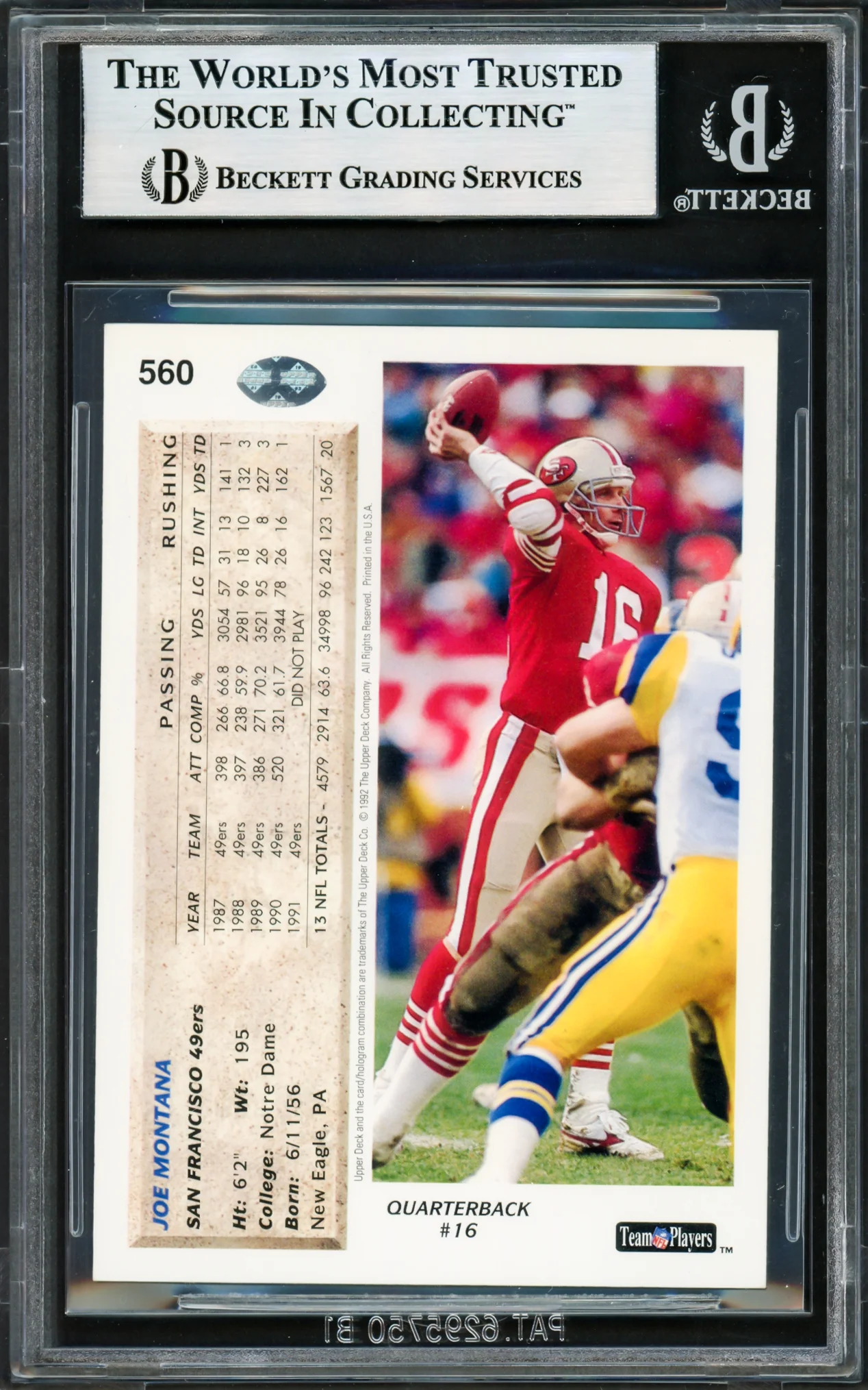Joe Montana Autographed 1992 Upper Deck Card #560 San Francisco 49ers Beckett BAS #17606150 - Image 2