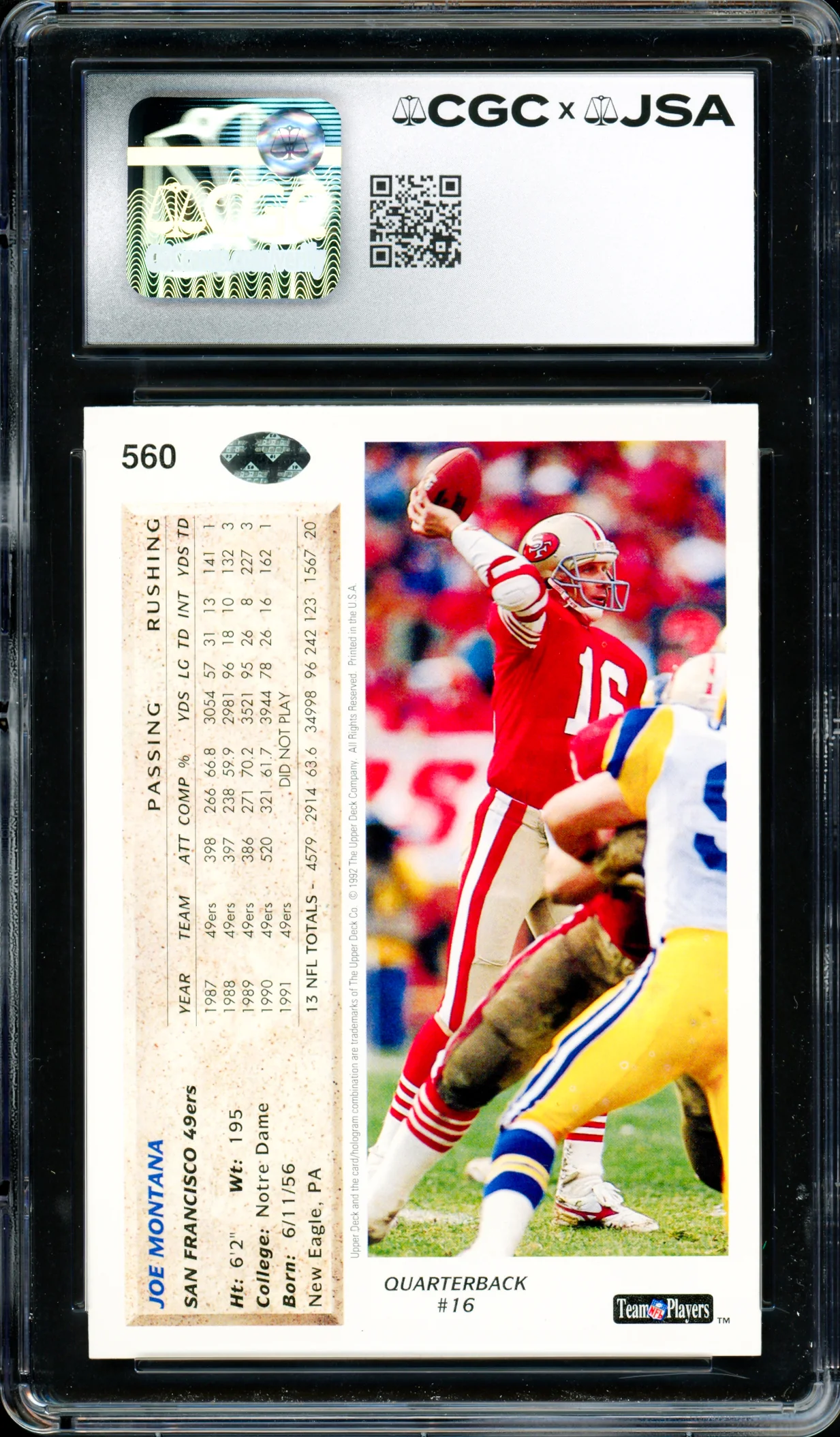 Joe Montana Autographed 1992 Upper Deck Card #560 San Francisco 49ers Card Grade 9 Auto Grade Gem Mint 10 CGC x JSA #6078171232 - Image 2