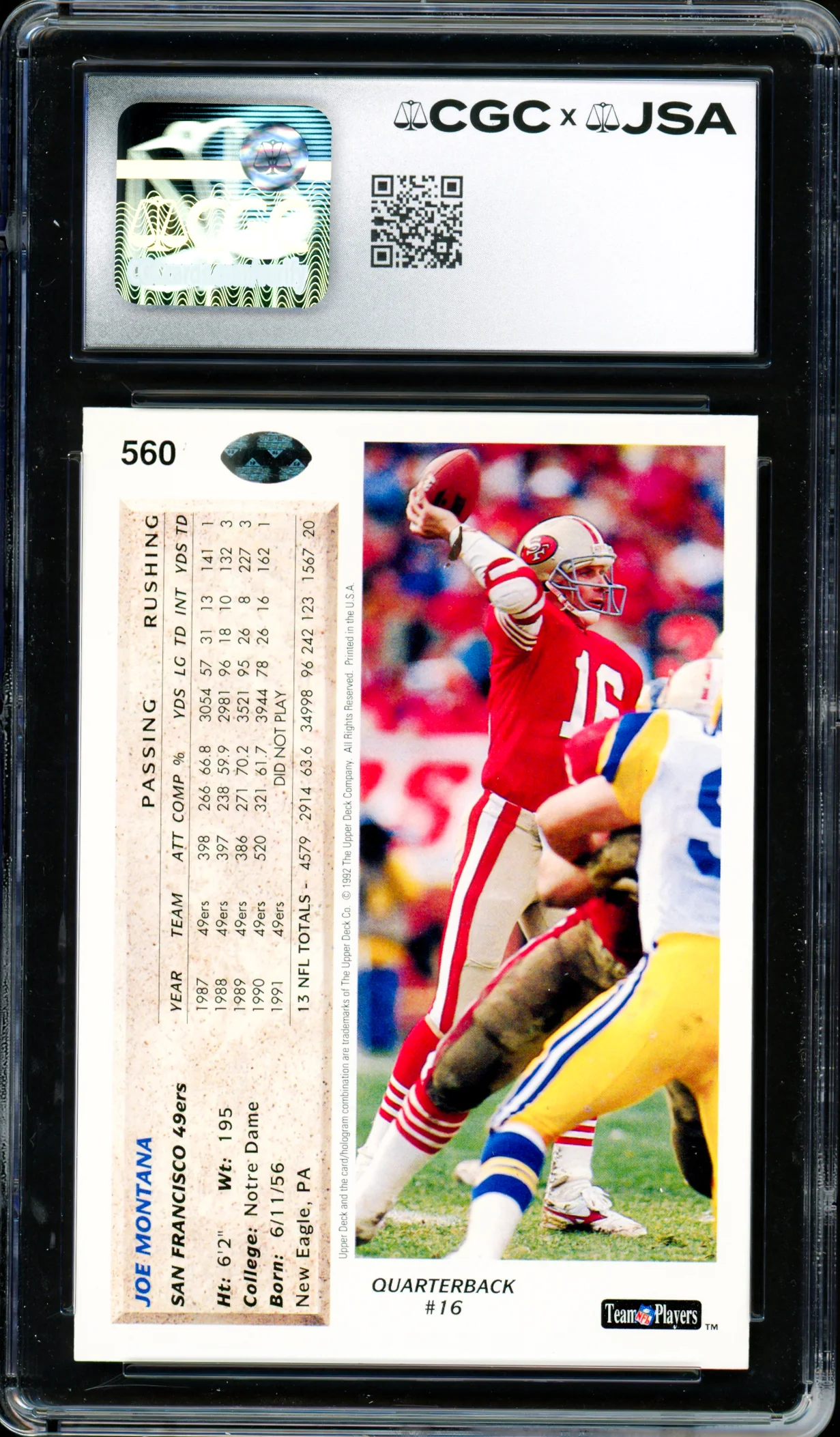 Joe Montana Autographed 1992 Upper Deck Card #560 San Francisco 49ers CGC x JSA #6078171226 - Image 2