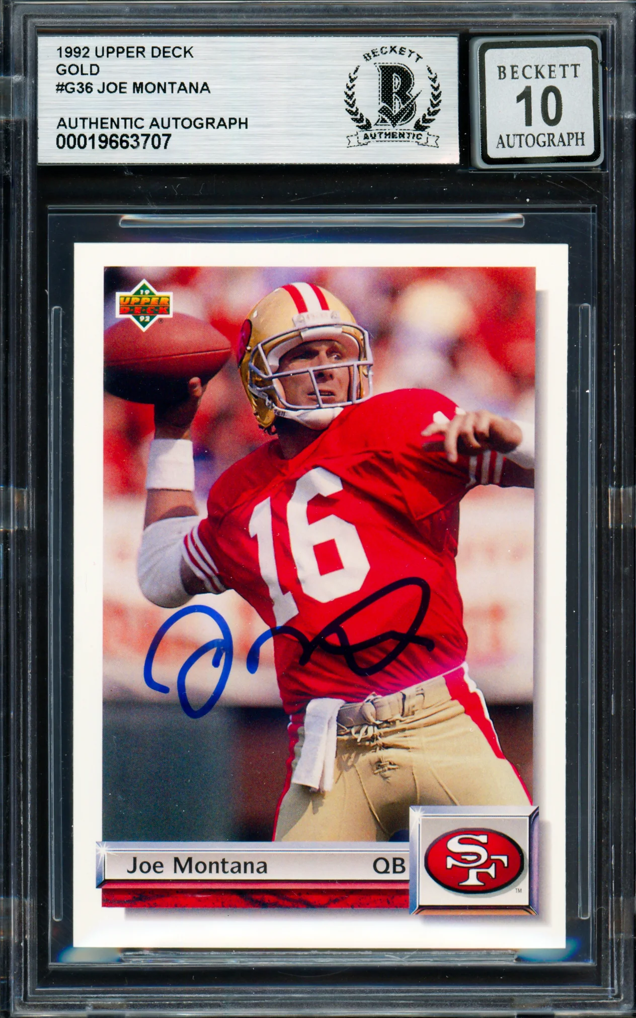 Joe Montana Autographed 1992 Upper Deck Gold Card #G36 San Francisco 49ers Auto Grade Gem Mint 10 Beckett BAS #19663707