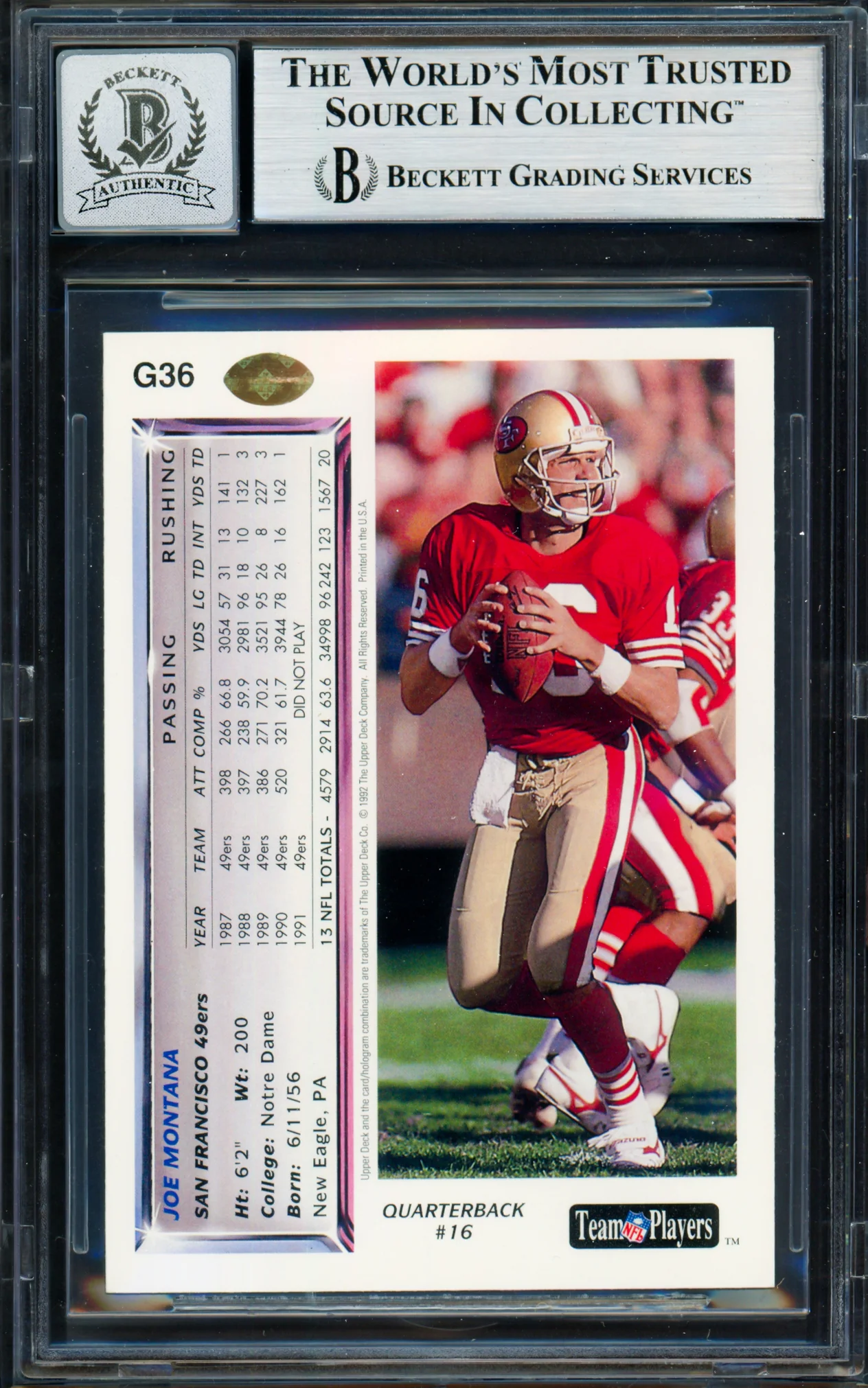 Joe Montana Autographed 1992 Upper Deck Gold Card #G36 San Francisco 49ers Auto Grade Gem Mint 10 Beckett BAS #19663707 - Image 2