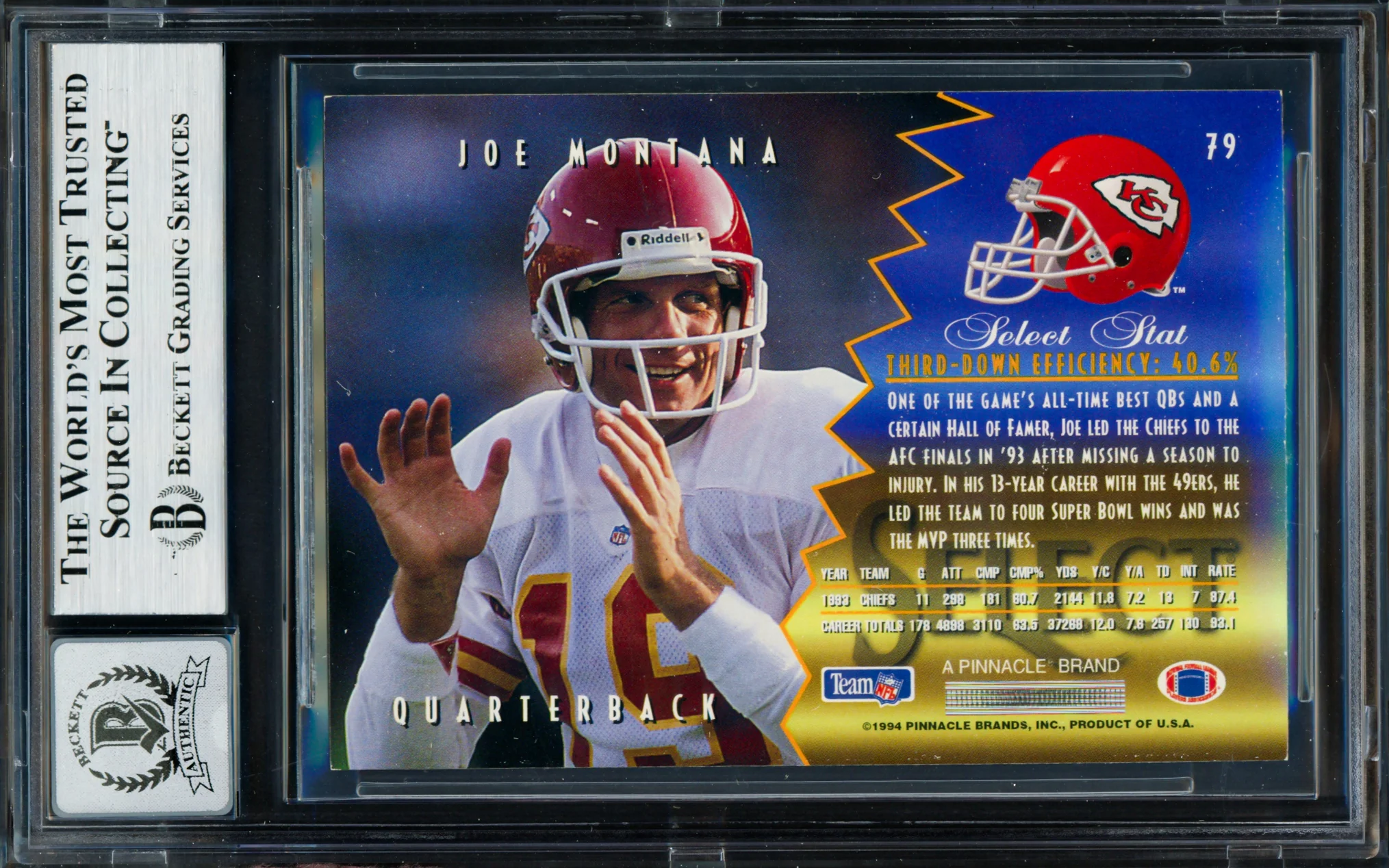 Joe Montana Autographed 1994 Select Card #79 Kansas City Chiefs Auto Grade Gem Mint 10 Beckett BAS #19662985 - Image 2
