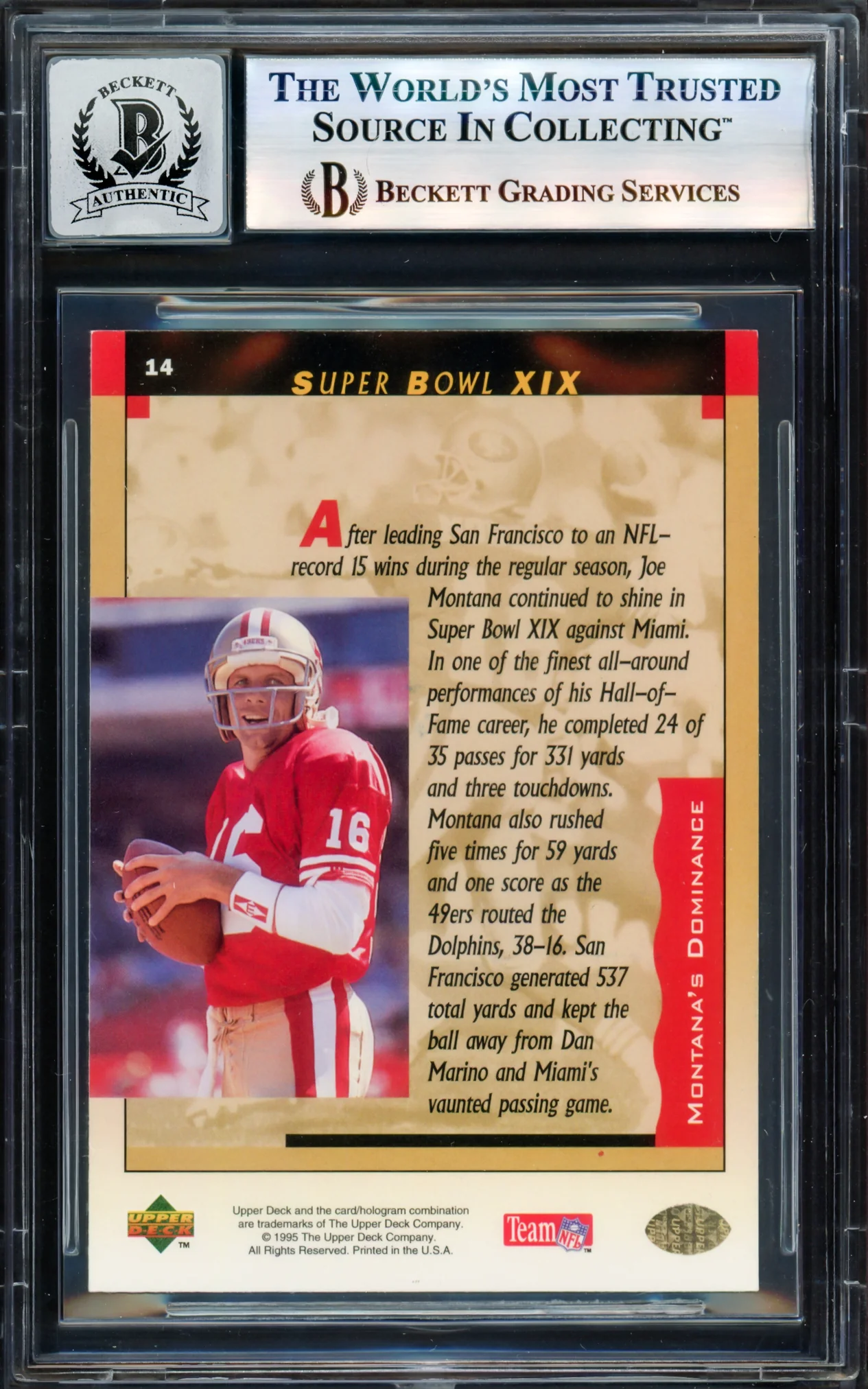 Joe Montana Autographed 1995 Upper Deck Card #14 San Francisco 49ers Auto Grade Gem Mint 10 Beckett BAS #17604167 - Image 2