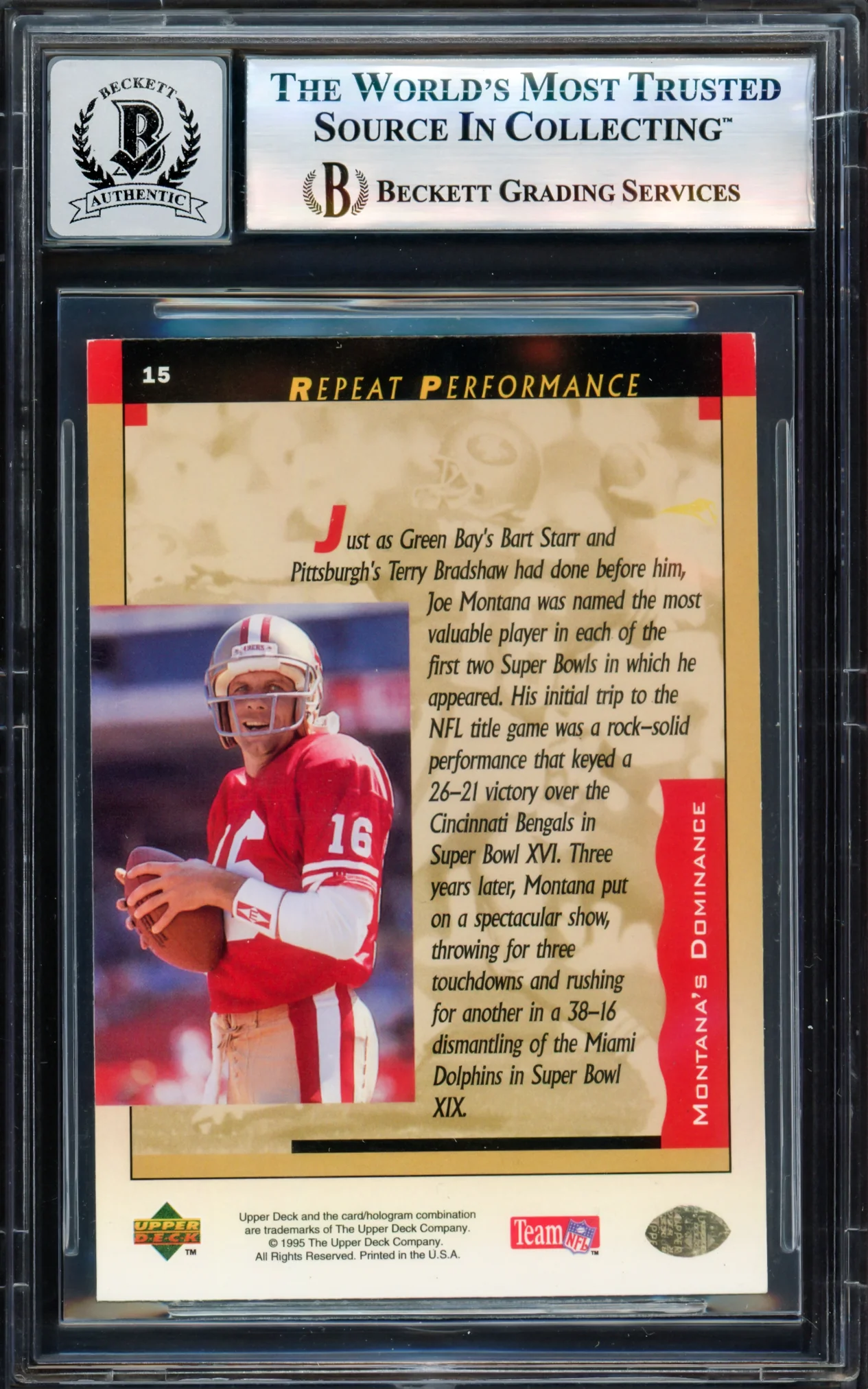 Joe Montana Autographed 1995 Upper Deck Card #15 San Francisco 49ers Auto Grade Gem Mint 10 Beckett BAS Stock #238916 - Image 2