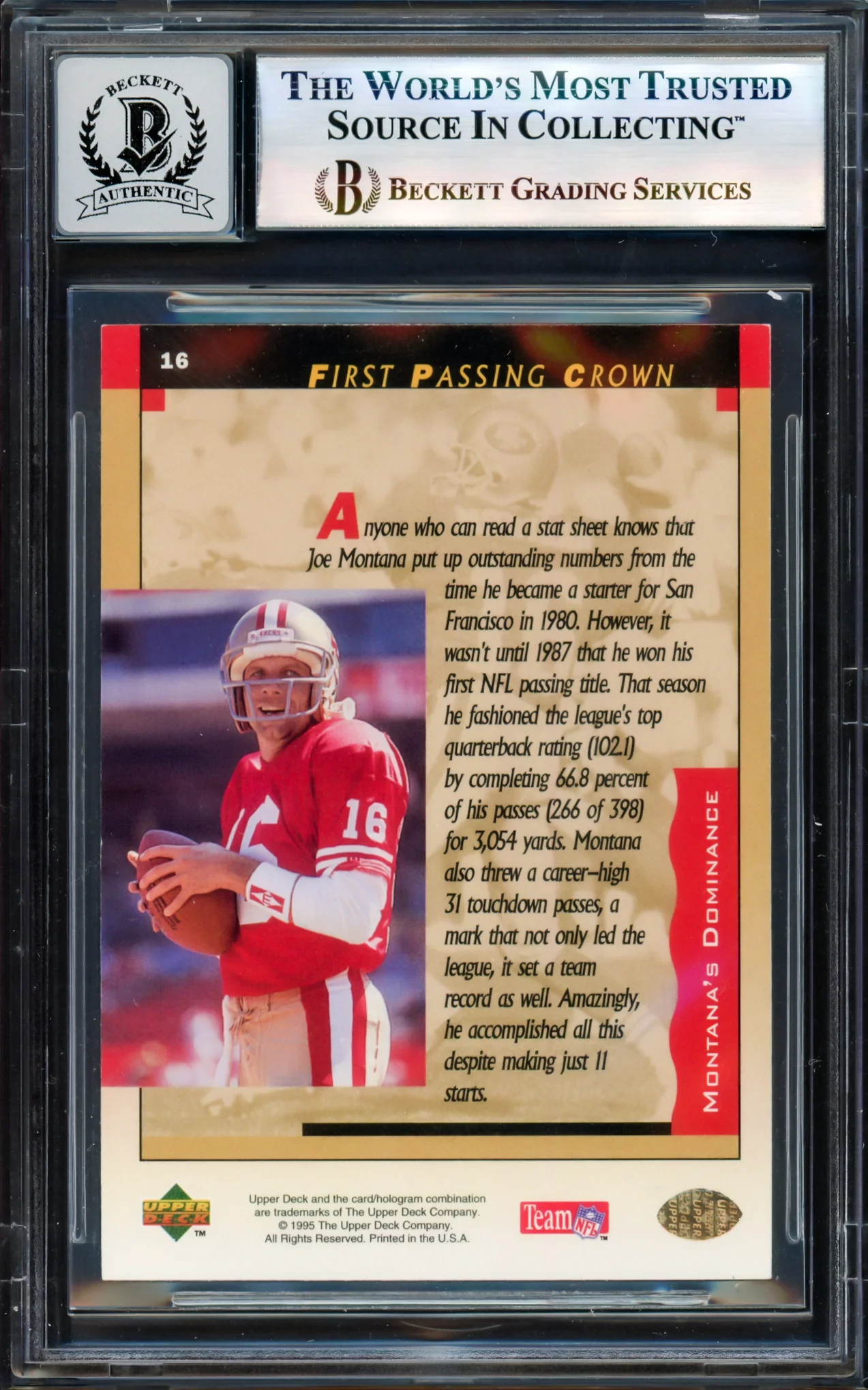 Joe Montana Autographed 1995 Upper Deck Card #16 San Francisco 49ers Auto Grade Gem Mint 10 Beckett BAS #17604189 - Image 2