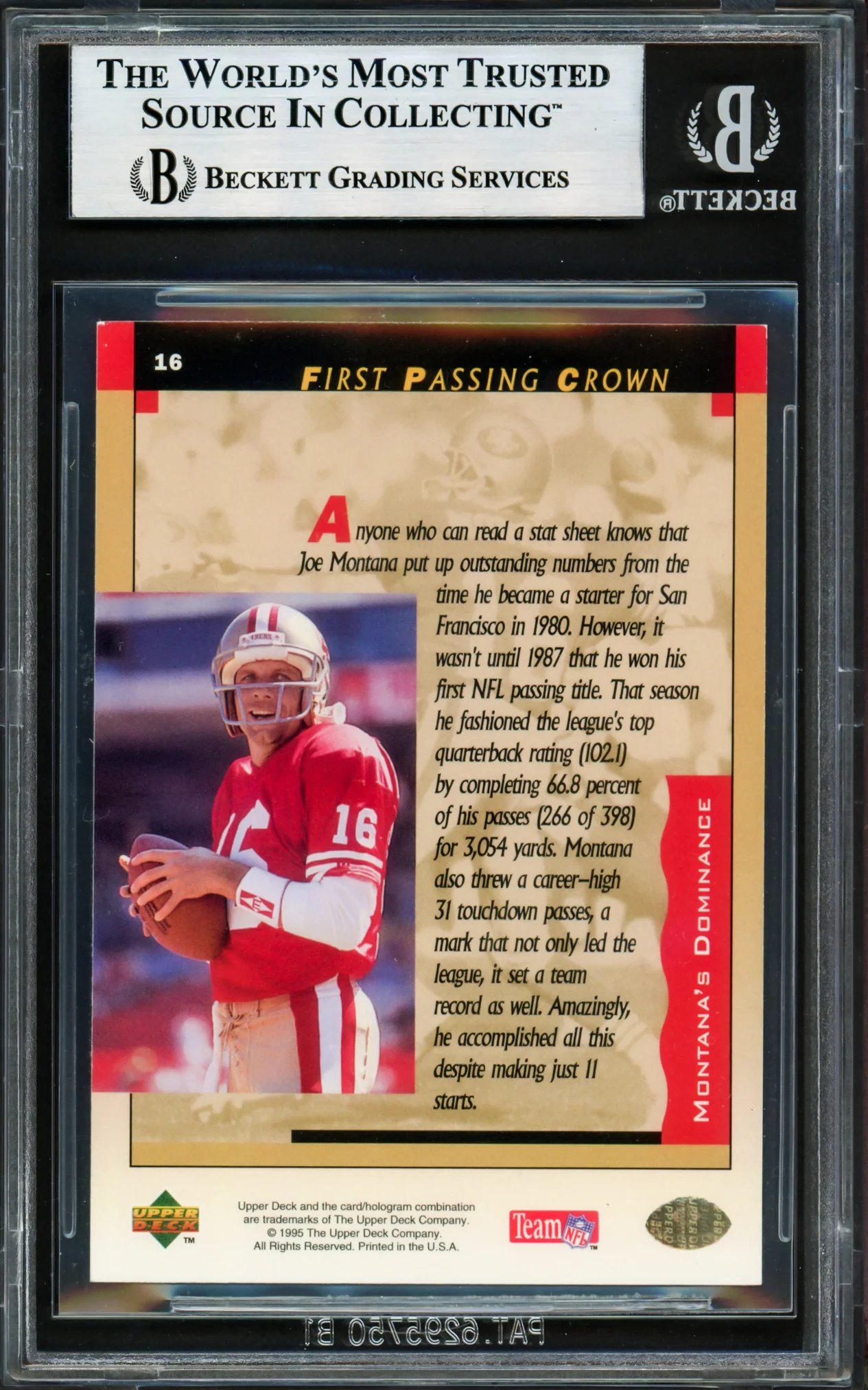 Joe Montana Autographed 1995 Upper Deck Card #16 San Francisco 49ers Beckett BAS #17606242 - Image 2