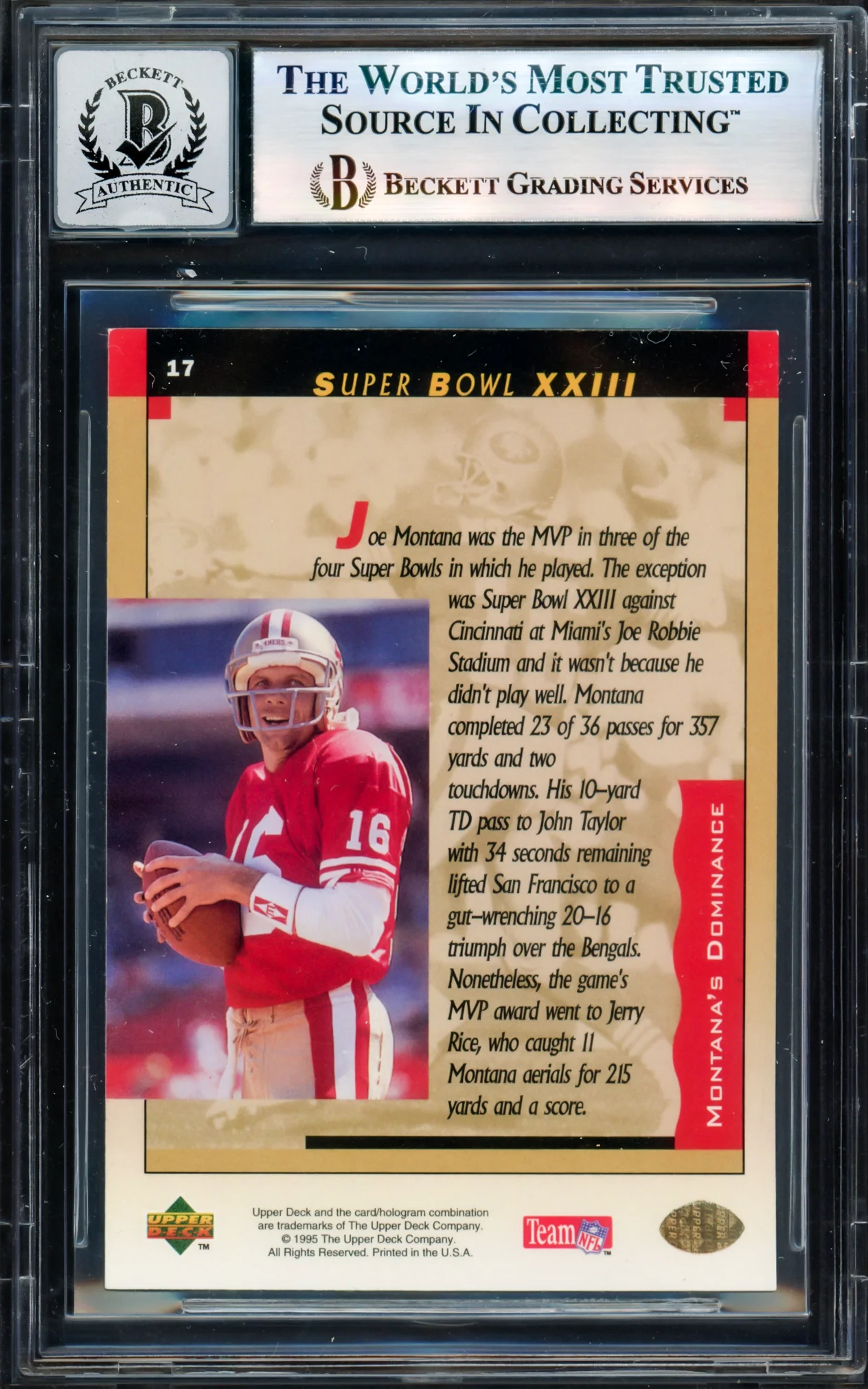 Joe Montana Autographed 1995 Upper Deck Card #17 San Francisco 49ers Auto Grade Gem Mint 10 Beckett BAS #17604196 - Image 2