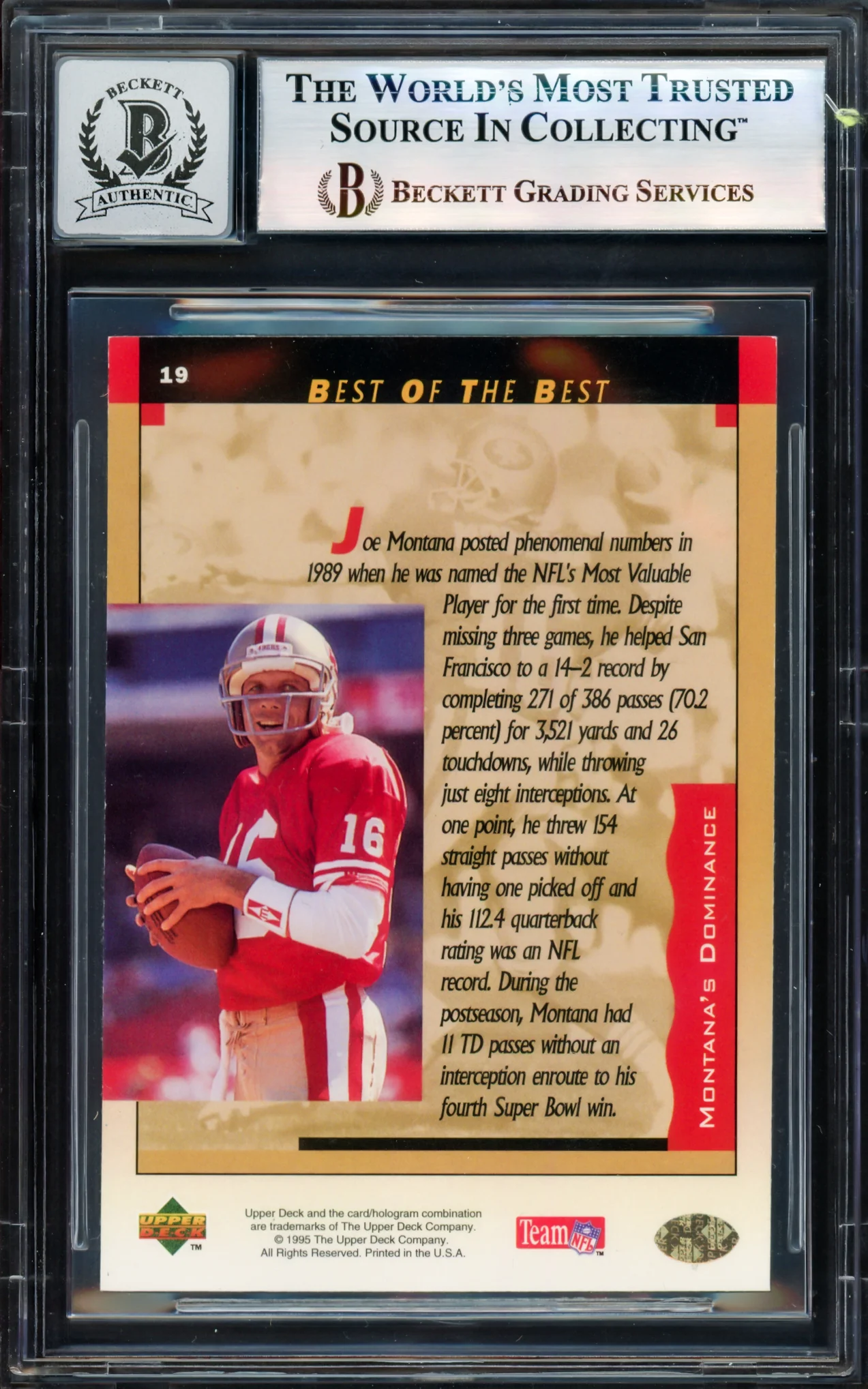 Joe Montana Autographed 1995 Upper Deck Card #19 San Francisco 49ers Auto Grade Gem Mint 10 Beckett BAS #17604202 - Image 2