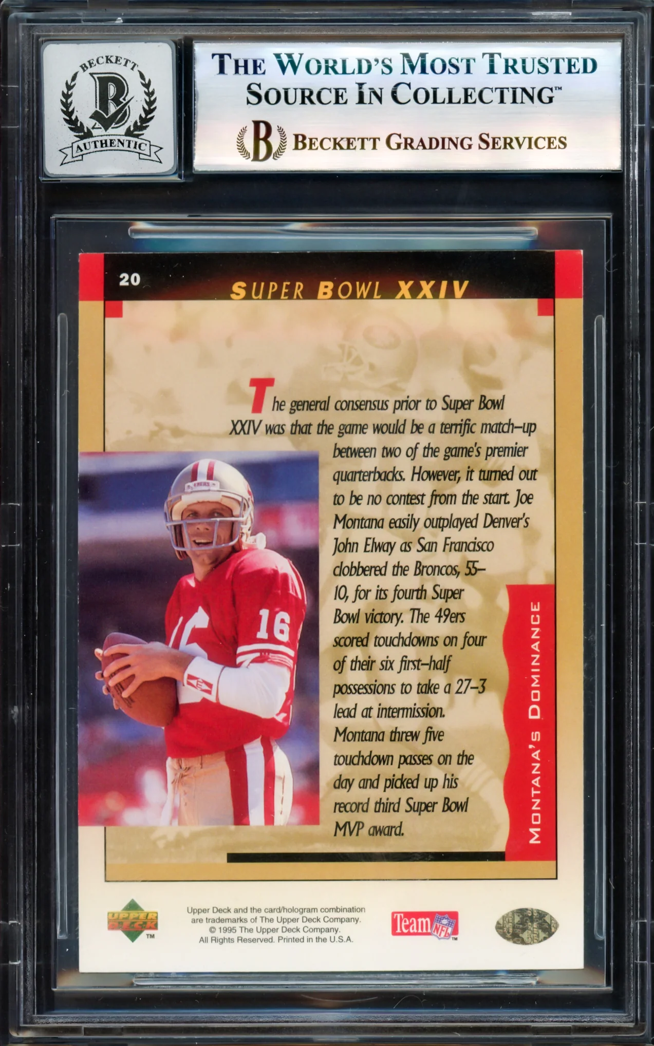 Joe Montana Autographed 1995 Upper Deck Card #20 San Francisco 49ers Auto Grade Gem Mint 10 Beckett BAS Stock #238917 - Image 2