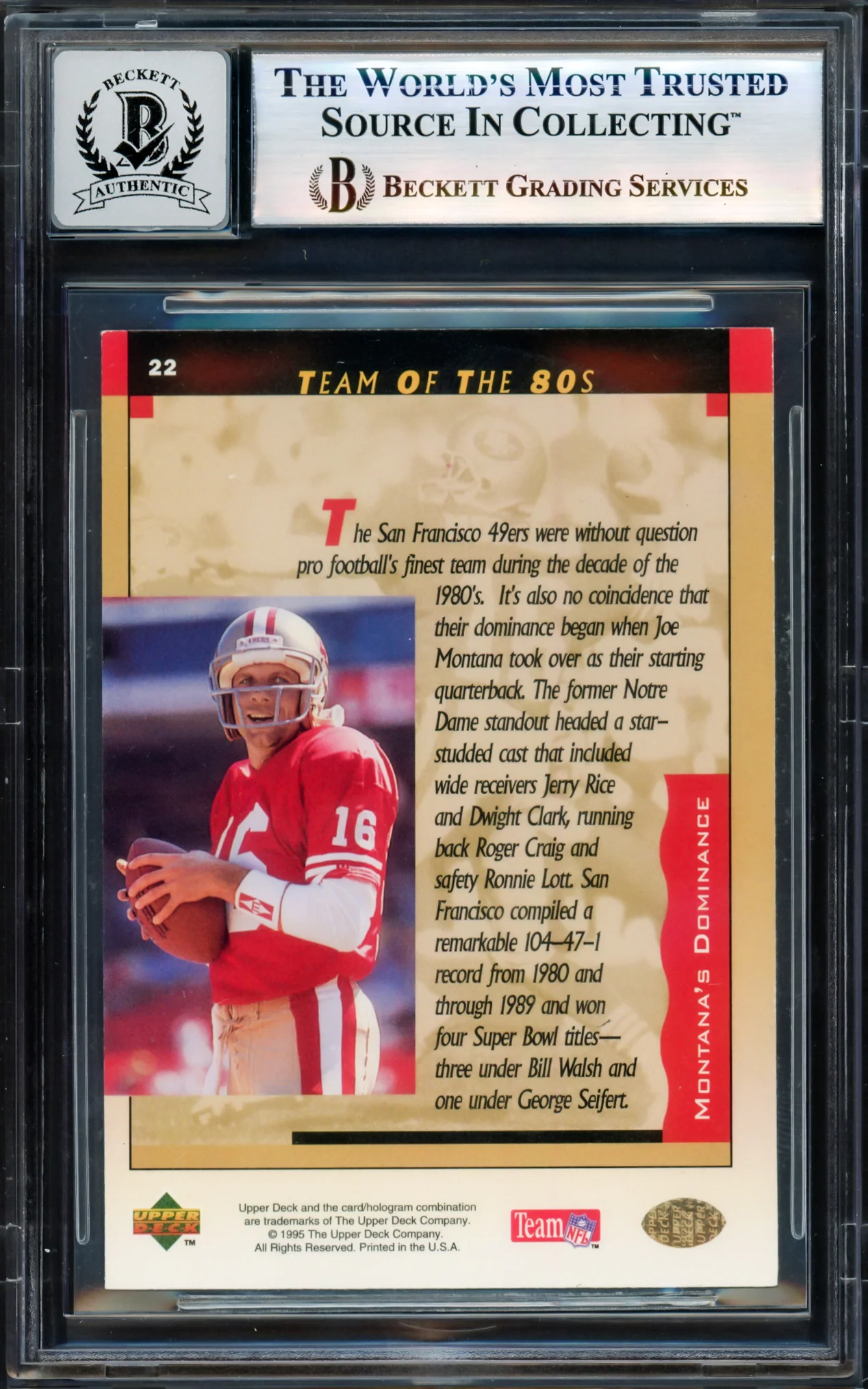 Joe Montana Autographed 1995 Upper Deck Card #22 San Francisco 49ers Auto Grade Gem Mint 10 Beckett BAS Stock #238919 - Image 2