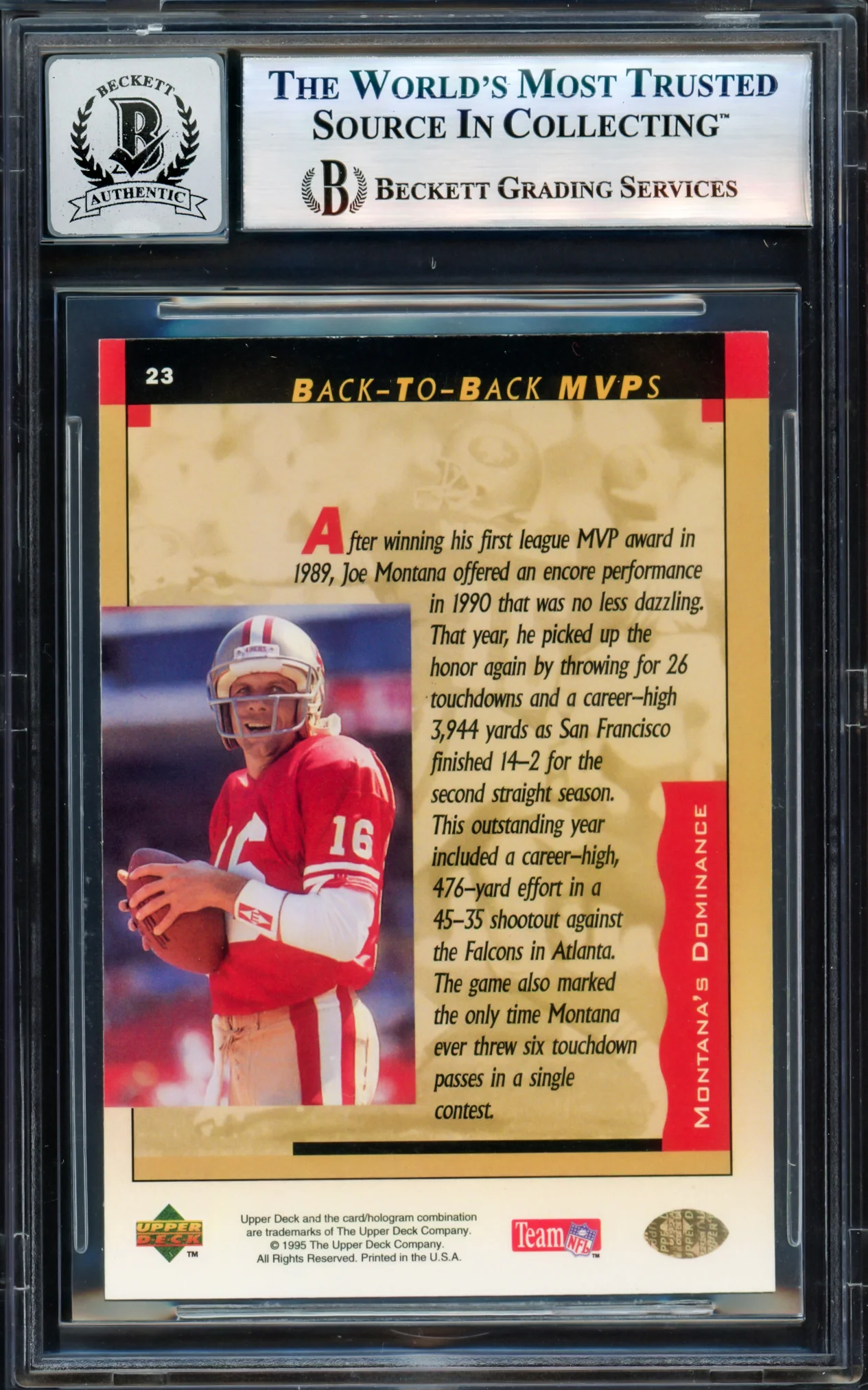 Joe Montana Autographed 1995 Upper Deck Card #23 San Francisco 49ers Auto Grade Gem Mint 10 Beckett BAS #17604242 - Image 2