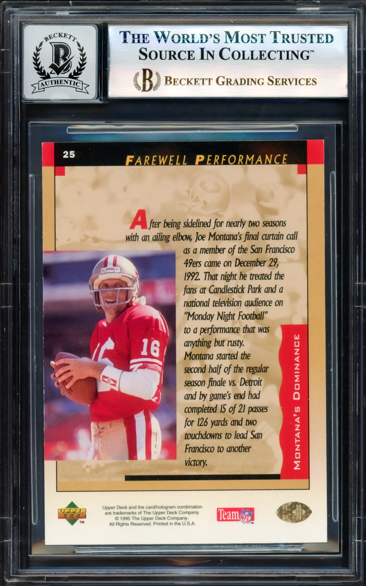 Joe Montana Autographed 1995 Upper Deck Card #25 San Francisco 49ers Auto Grade Gem Mint 10 Beckett BAS #17604243 - Image 2
