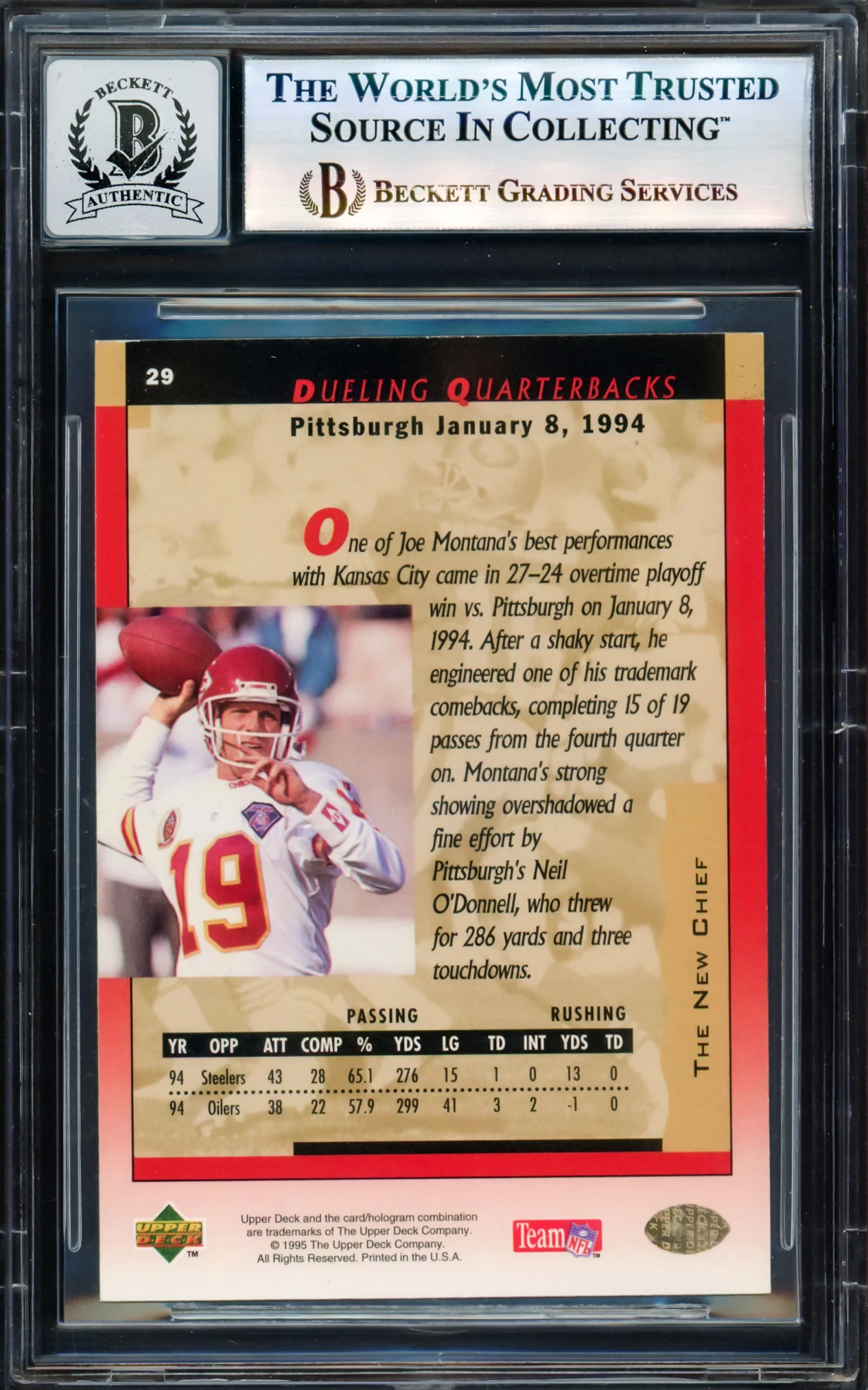 Joe Montana Autographed 1995 Upper Deck Card #29 San Francisco 49ers Auto Grade Gem Mint 10 Beckett BAS #17604246 - Image 2