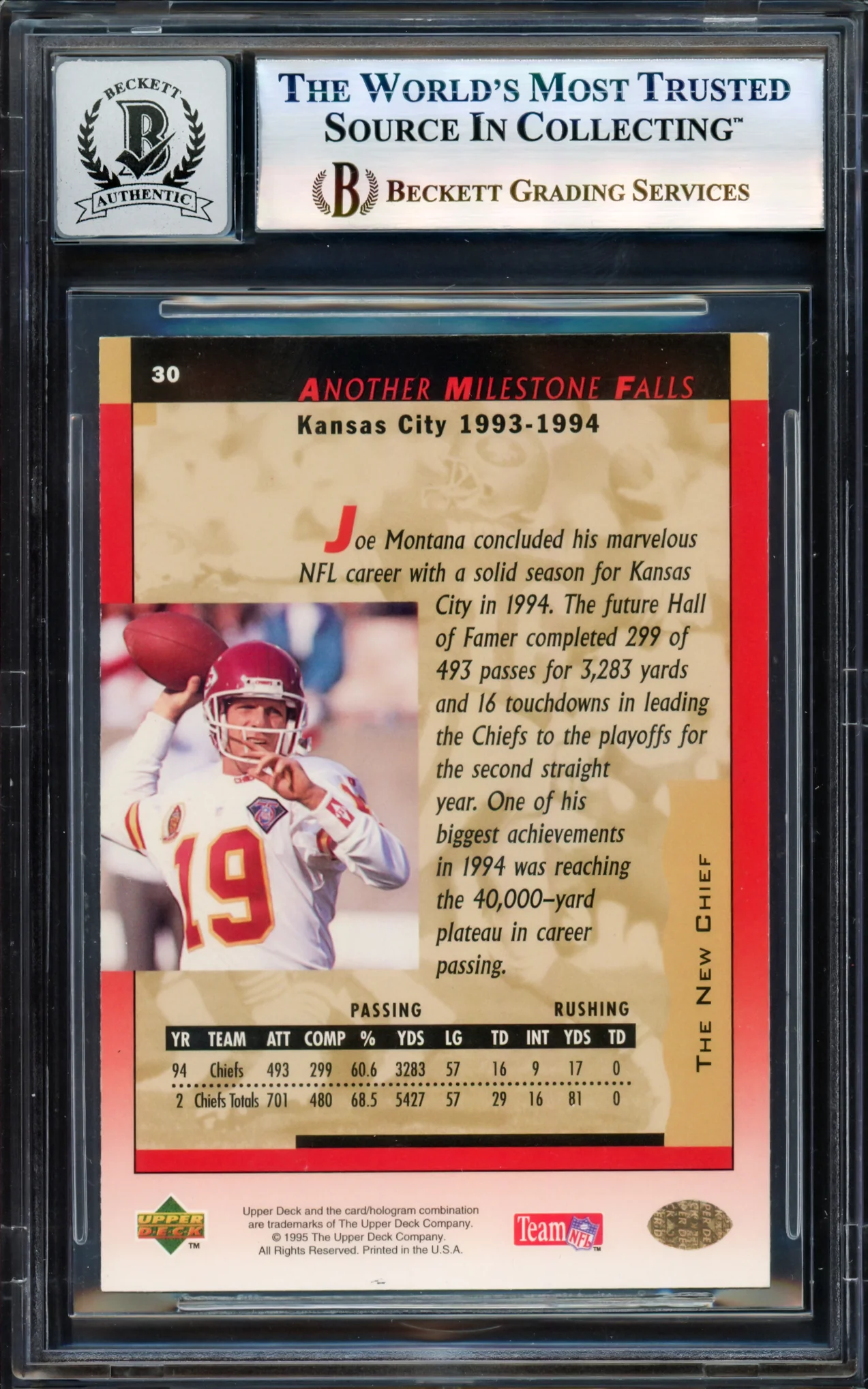 Joe Montana Autographed 1995 Upper Deck Card #30 San Francisco 49ers Auto Grade Gem Mint 10 Beckett BAS #17604249 - Image 2