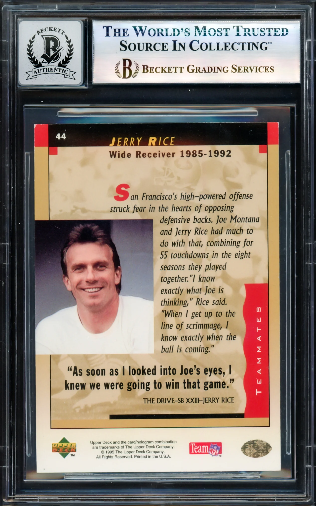 Joe Montana Autographed 1995 Upper Deck Card #44 San Francisco 49ers Auto Grade Gem Mint 10 Beckett BAS #17604296 - Image 2