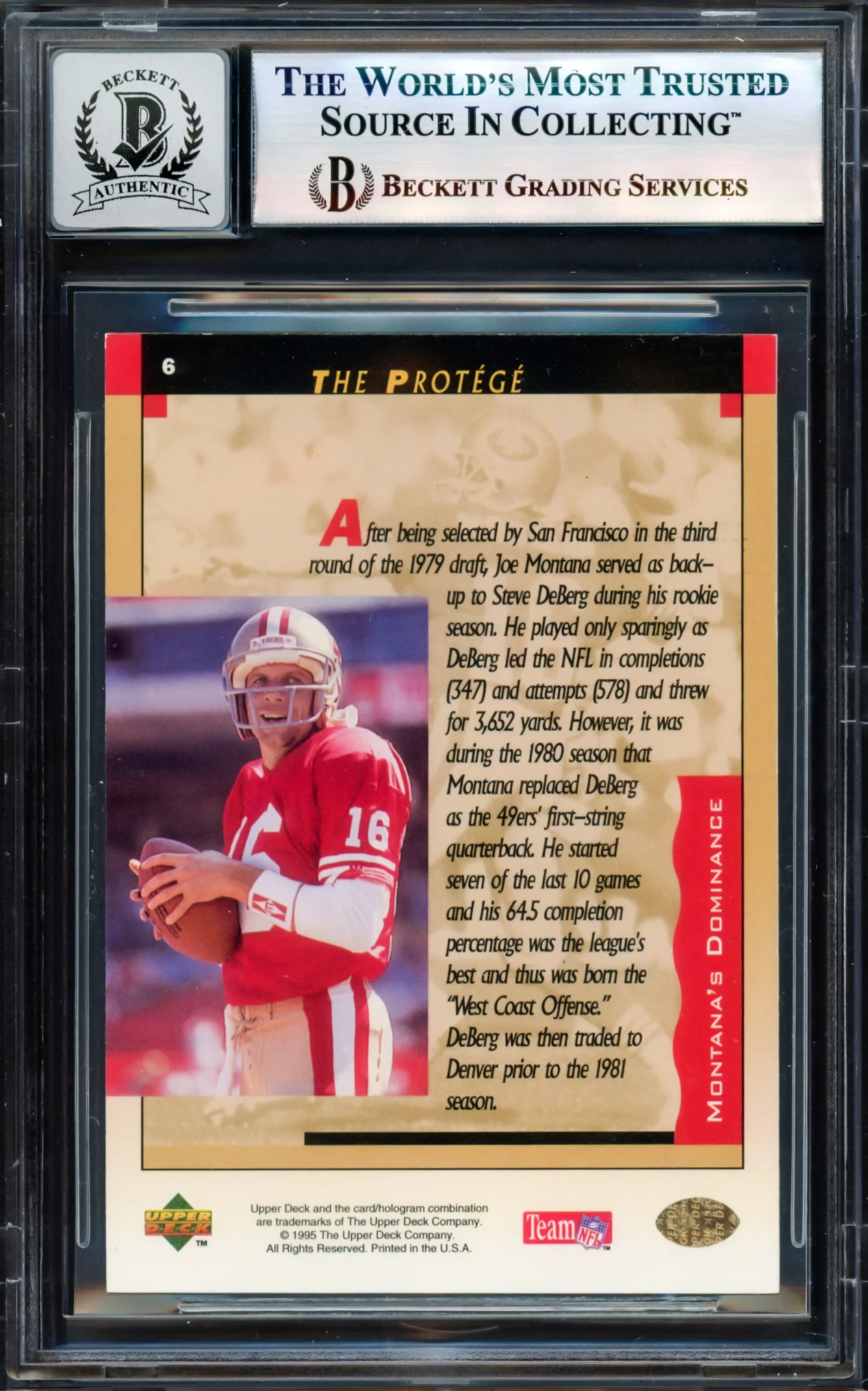 Joe Montana Autographed 1995 Upper Deck Card #6 San Francisco 49ers Auto Grade Gem Mint 10 Beckett BAS #17604131 - Image 2