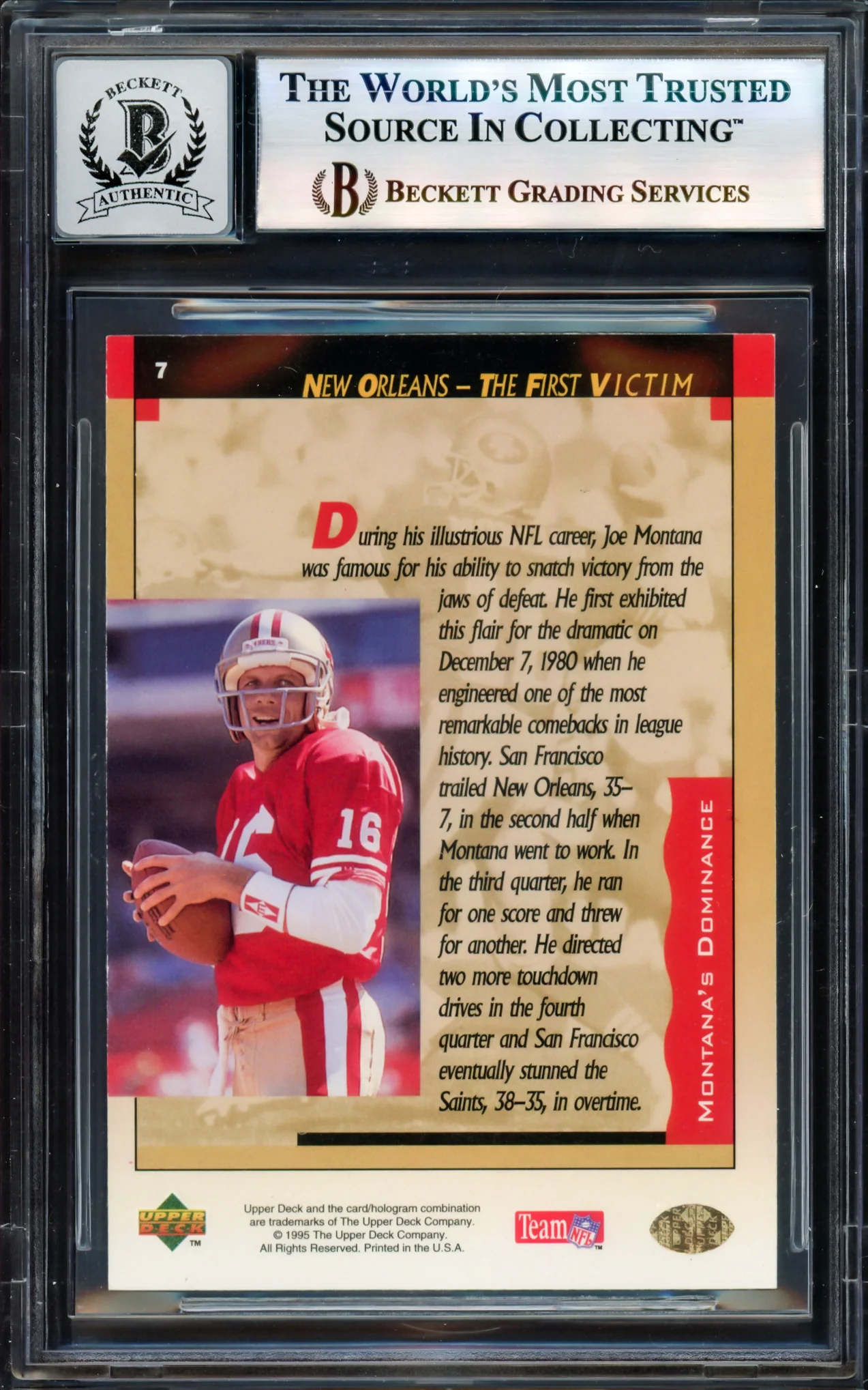 Joe Montana Autographed 1995 Upper Deck Card #7 San Francisco 49ers Auto Grade Gem Mint 10 Beckett BAS #17604136 - Image 2