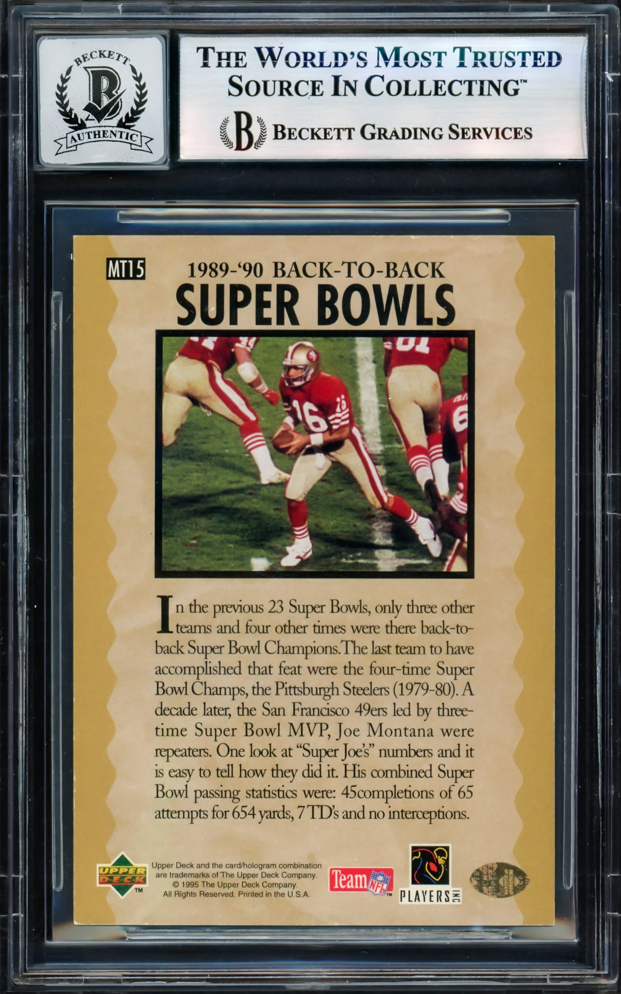 Joe Montana Autographed 1995 Upper Deck Card #MT15 San Francisco 49ers Auto Grade Gem Mint 10 Beckett BAS #17604103 - Image 2