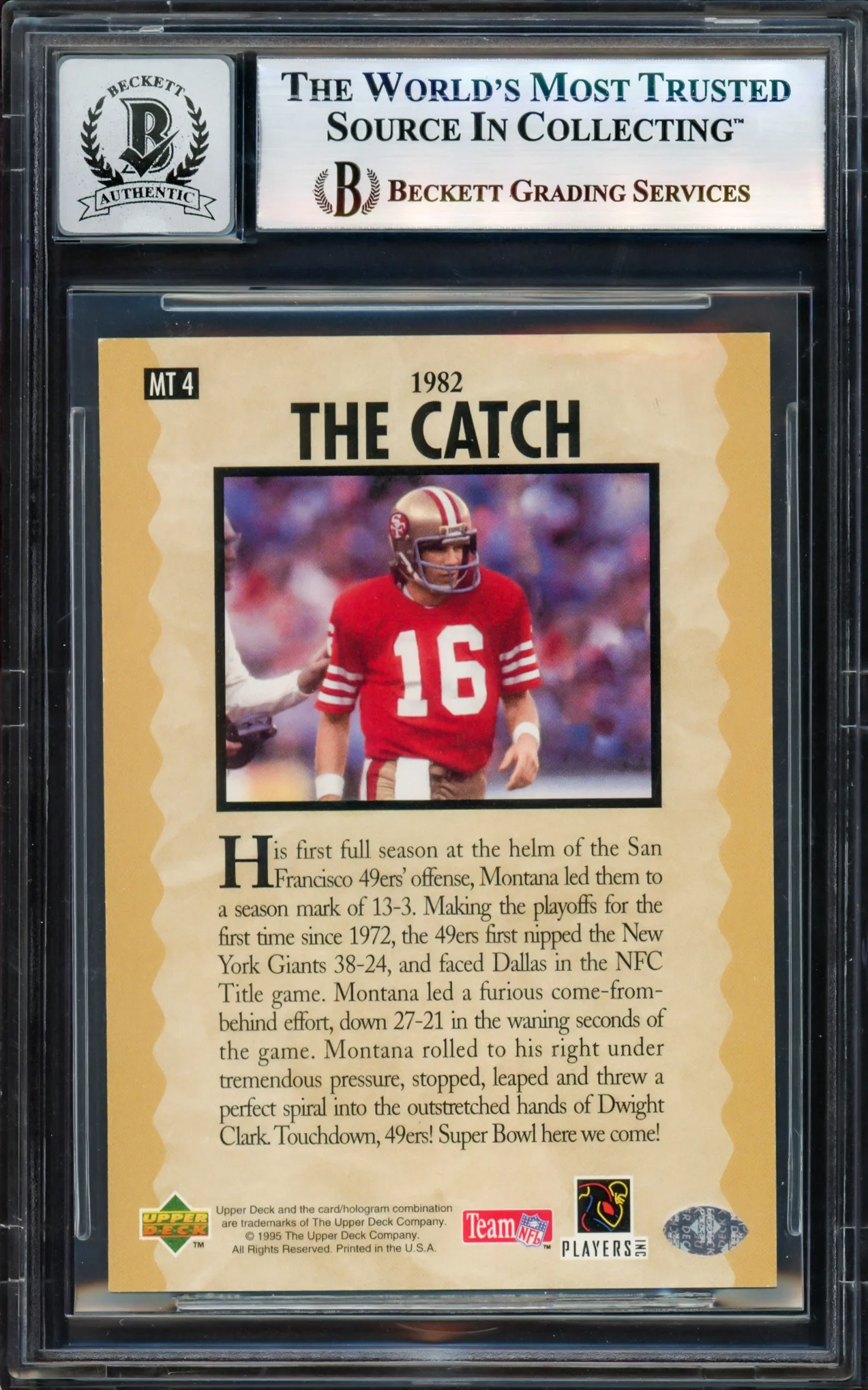 Joe Montana Autographed 1995 Upper Deck Card #MT4 San Francisco 49ers Auto Grade Gem Mint 10 The Catch Beckett BAS Stock #238913 - Image 2