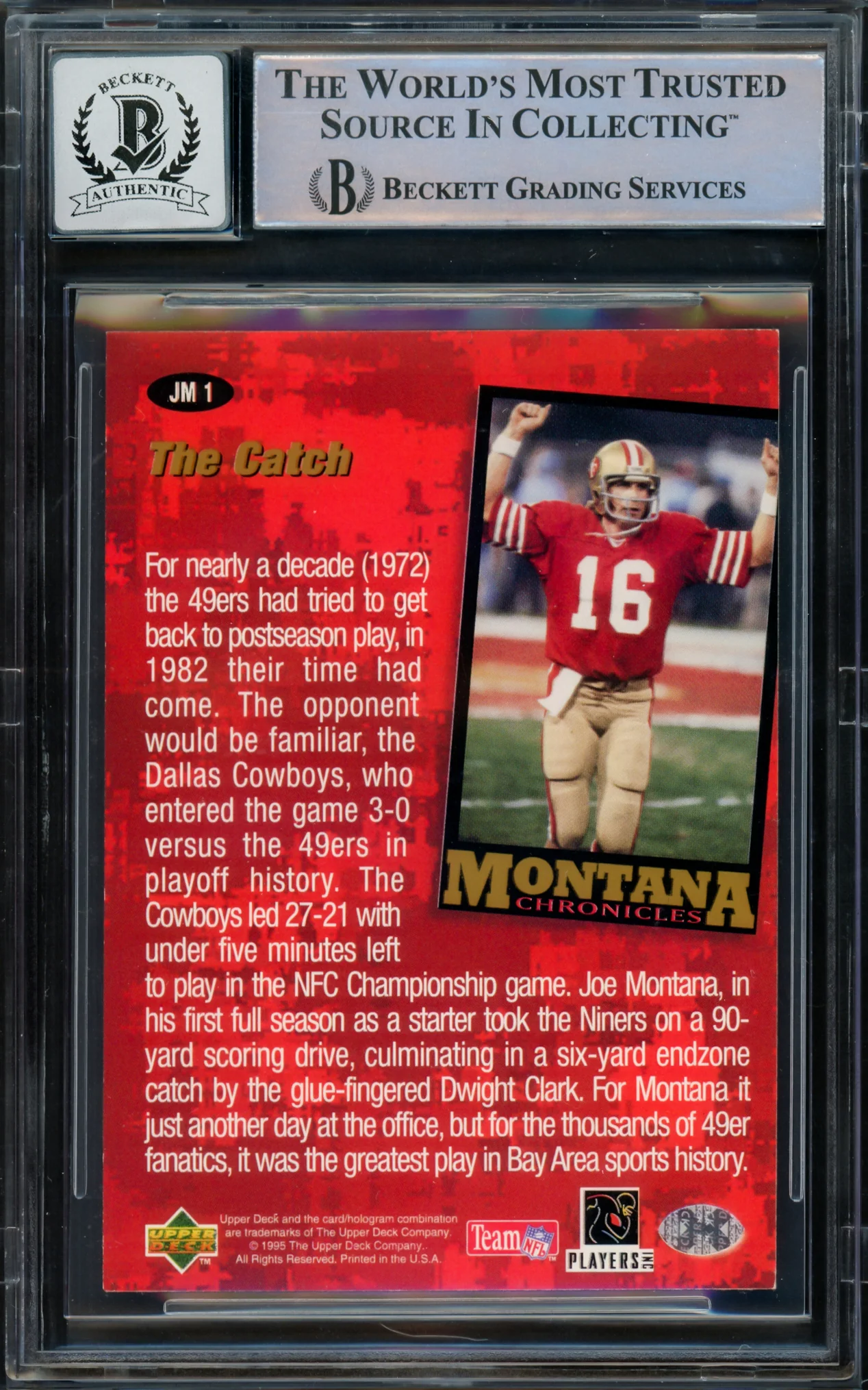 Joe Montana Autographed 1995 Upper Deck Collector's Choice Chronicles Card #JM1 San Francisco 49ers Auto Grade Gem Mint 10 Beckett BAS Stock #220767 - Image 2