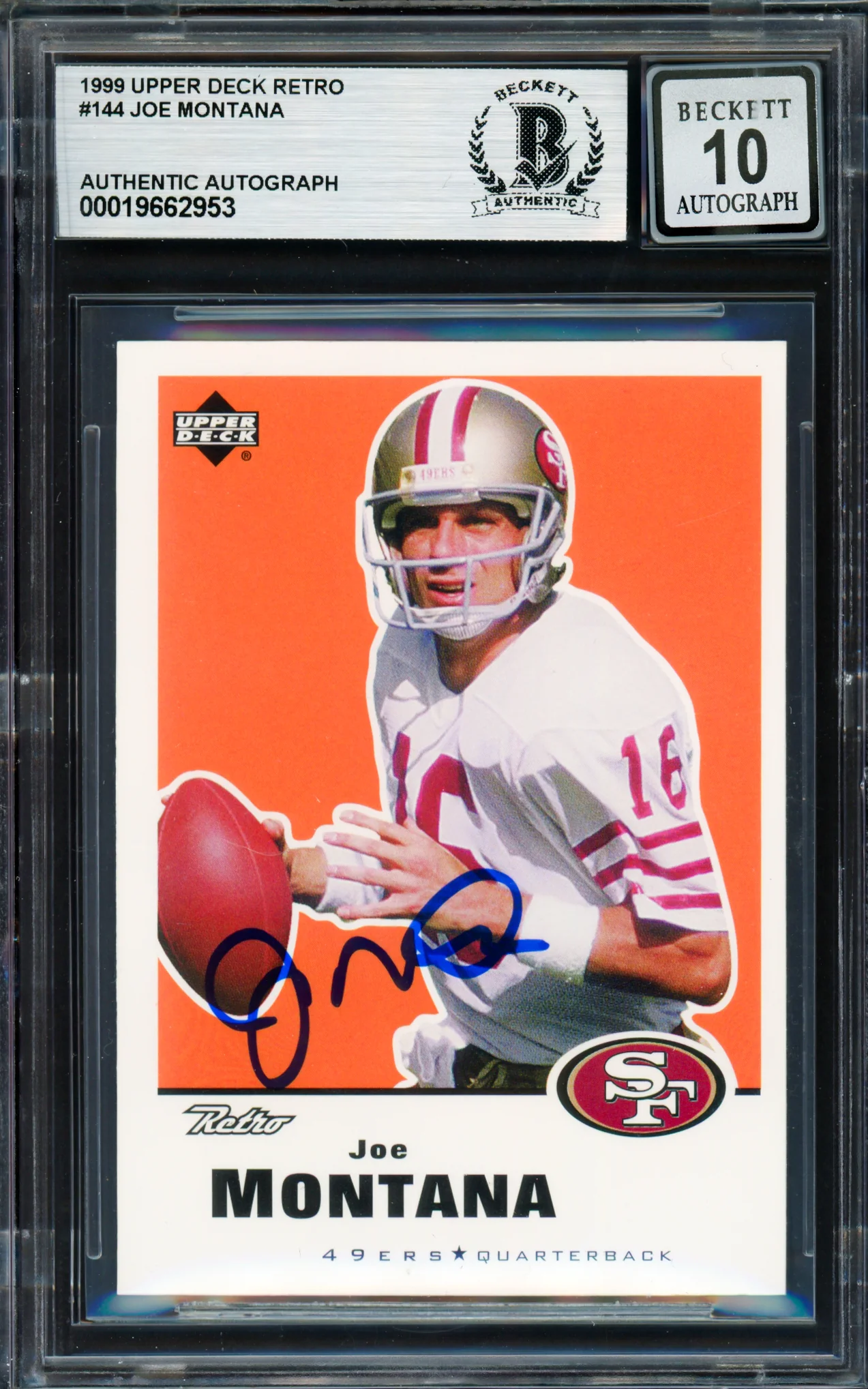 Joe Montana Autographed 1999 Upper Deck Retro Card #144 San Francisco 49ers Auto Grade Gem Mint 10 Beckett BAS #19662953