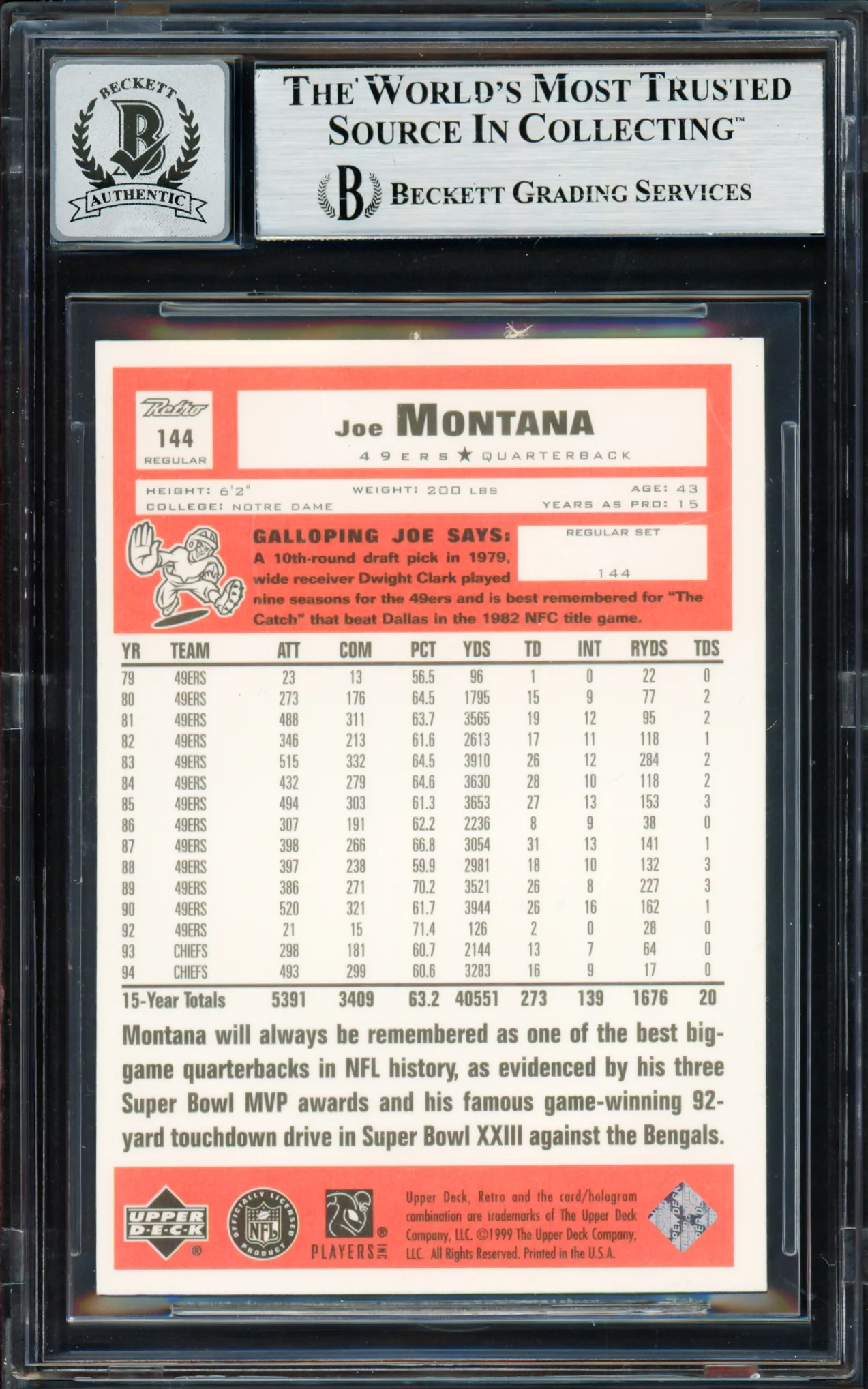Joe Montana Autographed 1999 Upper Deck Retro Card #144 San Francisco 49ers Auto Grade Gem Mint 10 Beckett BAS #19662953 - Image 2