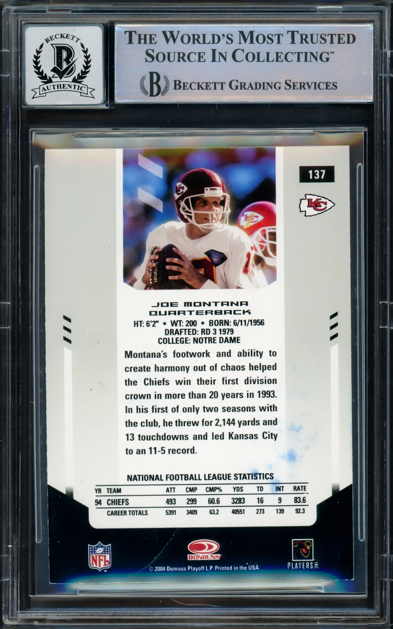 Joe Montana Autographed 2004 Leaf Certified Card #137 San Francisco 49ers Auto Grade Gem Mint 10 Beckett BAS #16171060 - Image 2