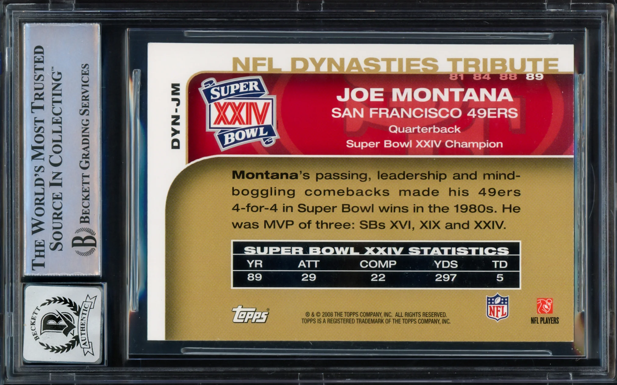 Joe Montana Autographed 2008 Topps NFL Dynasties Card #DYN-JM San Francisco 49ers Auto Grade Gem Mint 10 Beckett BAS Stock #229004 - Image 2