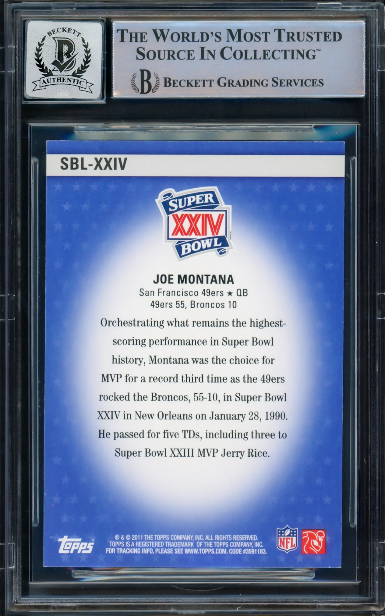 Joe Montana Autographed 2011 Topps Super Bowl Legends Card #SBL-XXIV San Francisco 49ers Auto Grade Gem Mint 10 Beckett BAS Stock #229006 - Image 2