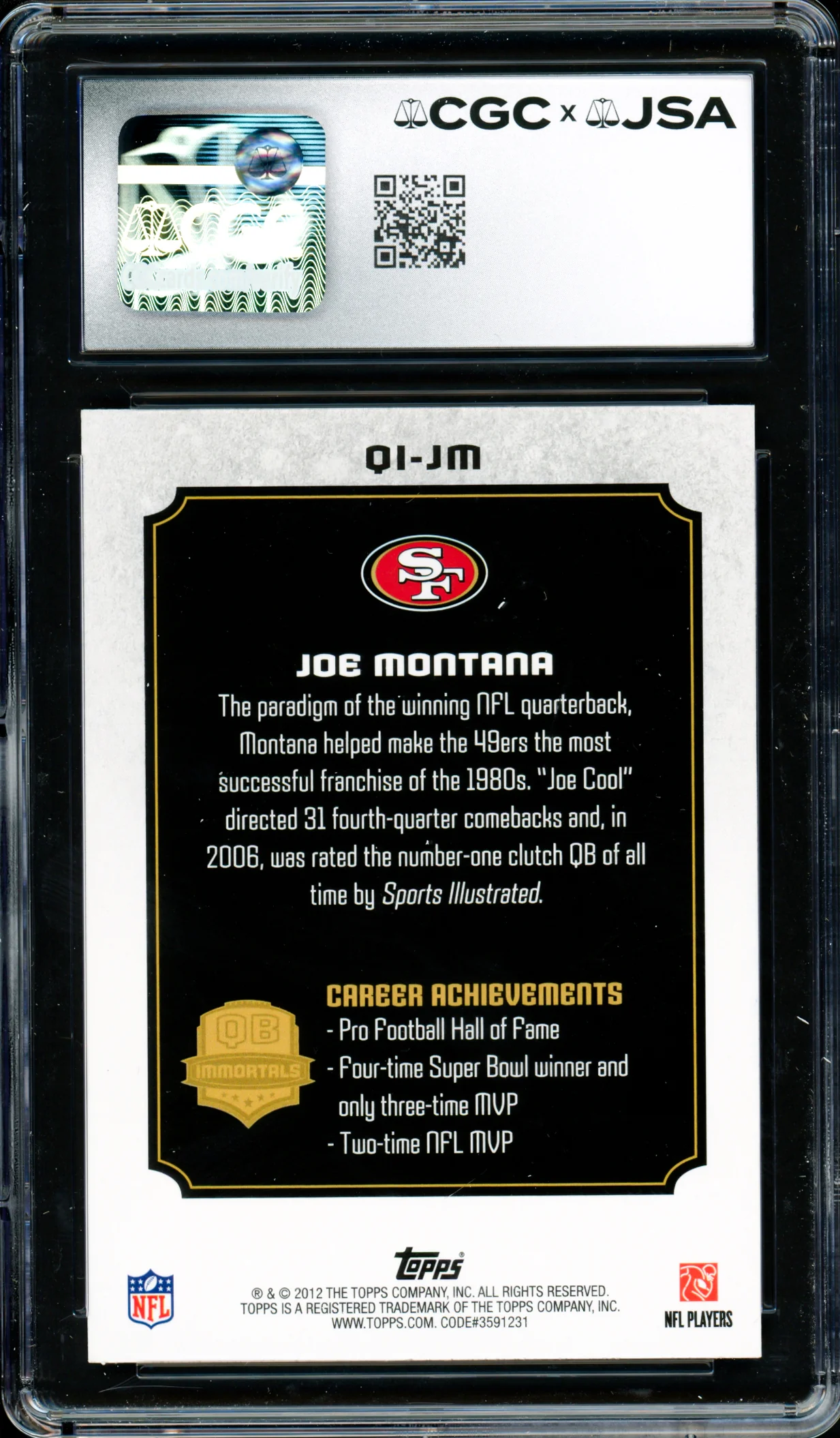 Joe Montana Autographed 2012 Topps QB Immortals Card #QI-JM San Francisco 49ers Card Grade 9 Auto Grade Gem Mint 10 CGC x JSA #6078171078 - Image 2