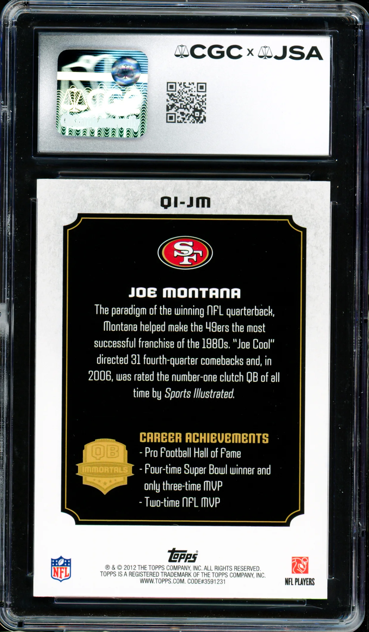 Joe Montana Autographed 2012 Topps QB Immortals Card #QI-JM San Francisco 49ers Card Grade 9 Auto Grade Gem Mint 10 CGC x JSA #6078171084 - Image 2