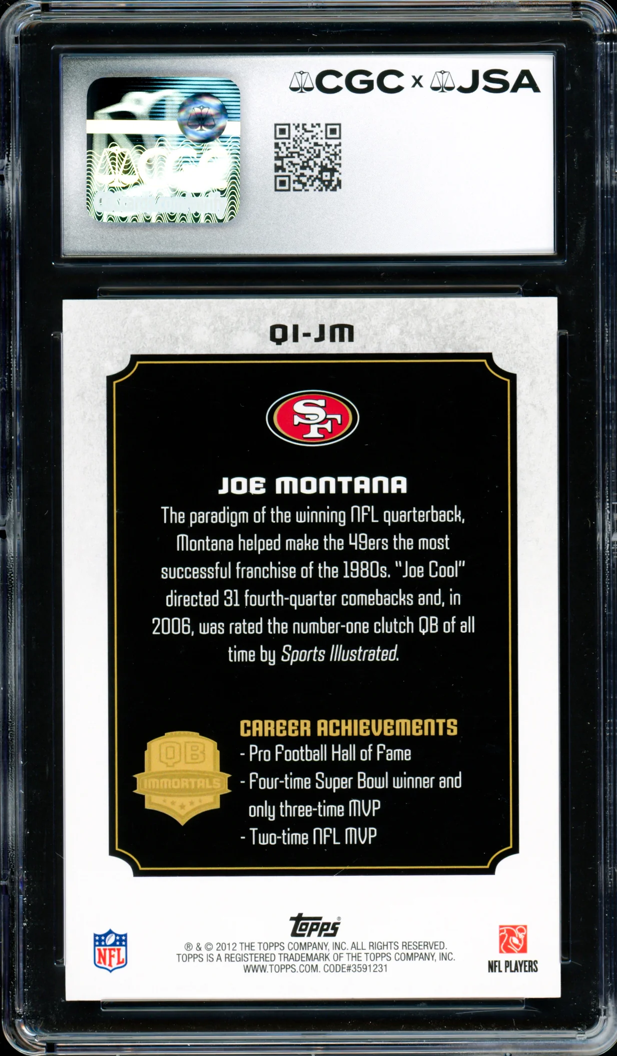 Joe Montana Autographed 2012 Topps QB Immortals Card #QI-JM San Francisco 49ers CGC x JSA 9 CGC x JSA Stock #254425 - Image 2