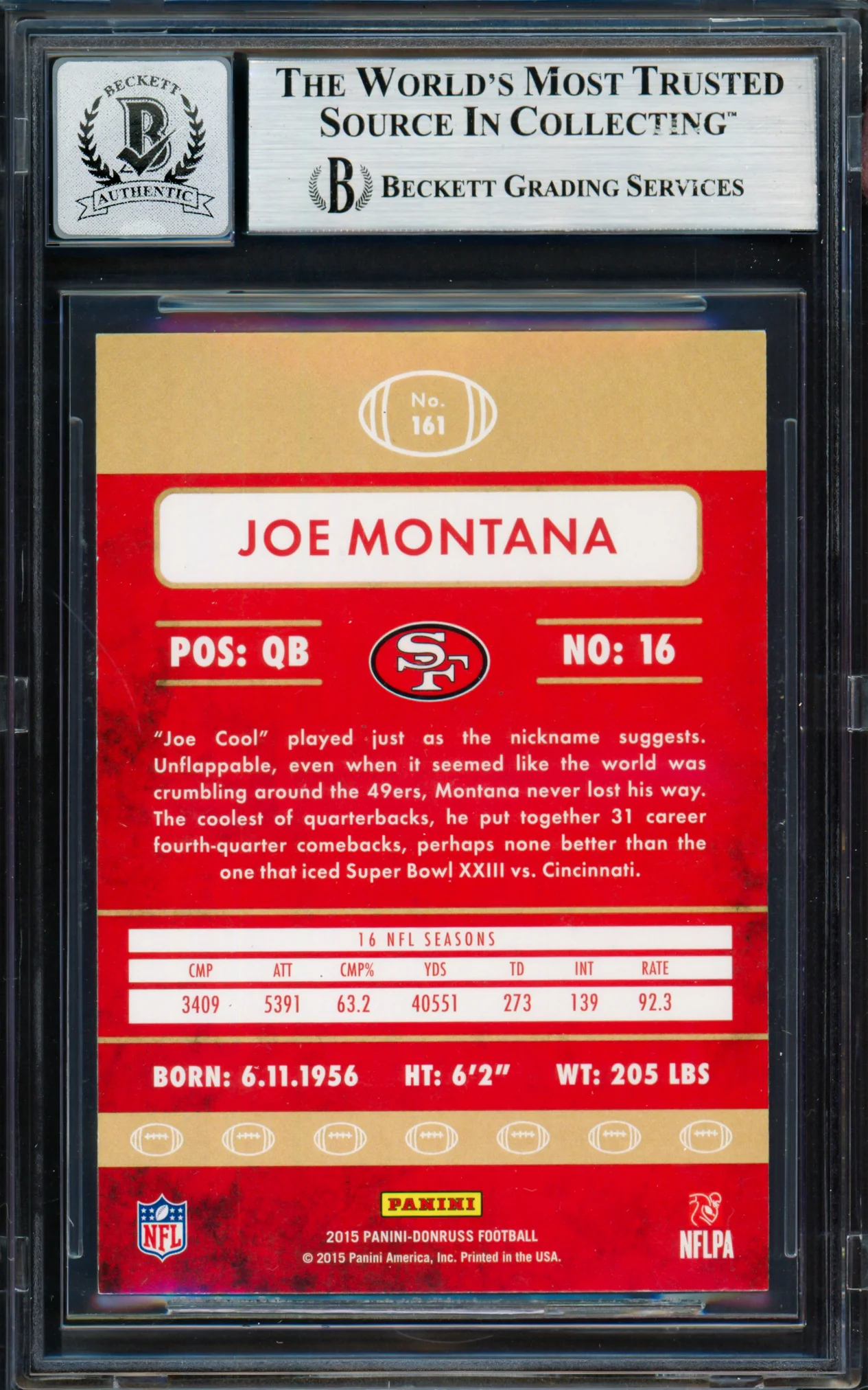 Joe Montana Autographed 2015 Donruss Card #161 San Francisco 49ers Auto Grade Gem Mint 10 Beckett BAS #19663643 - Image 2