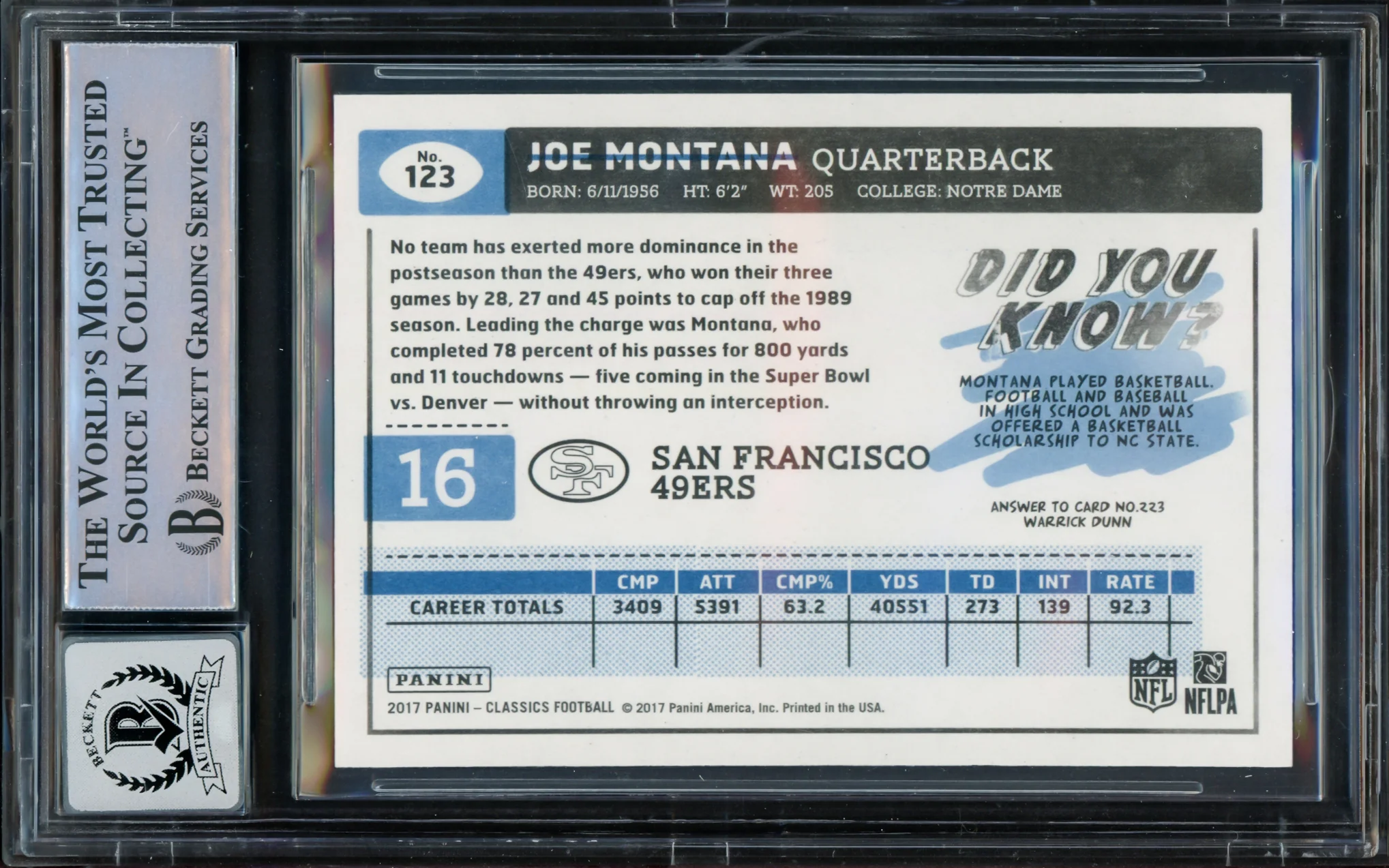 Joe Montana Autographed 2017 Donruss Classics Blue Back Card #123 San Francisco 49ers Auto Grade Gem Mint 10 Beckett BAS #16171176 - Image 2