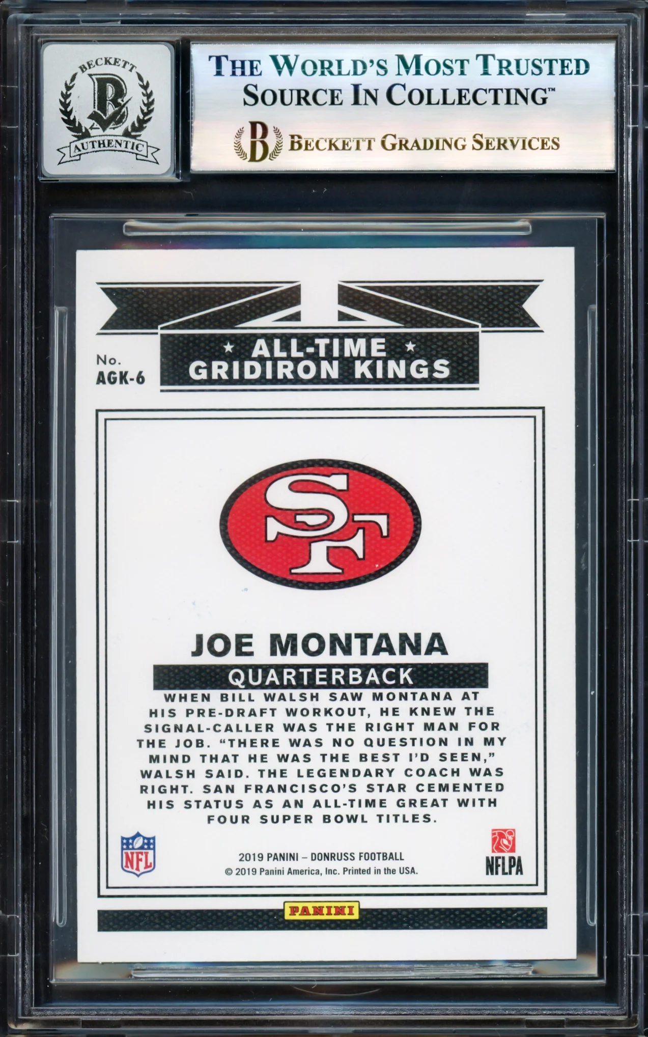 Joe Montana Autographed 2019 Donruss All Time Gridiron Kings Card #AGK-6 San Francisco 49ers Auto Grade Gem Mint 10 Beckett BAS #17604616 - Image 2