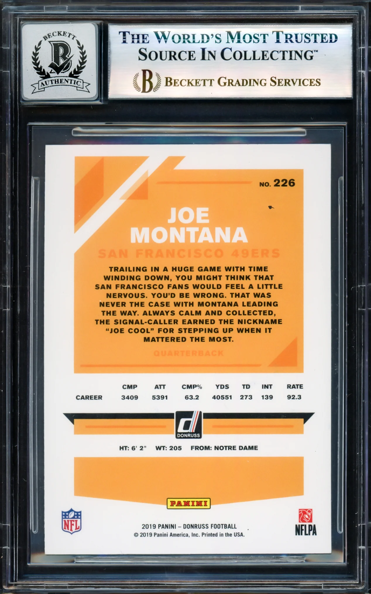Joe Montana Autographed 2019 Donruss Card #226 San Francisco 49ers Auto Grade Gem Mint 10 Beckett BAS #17604587 - Image 2