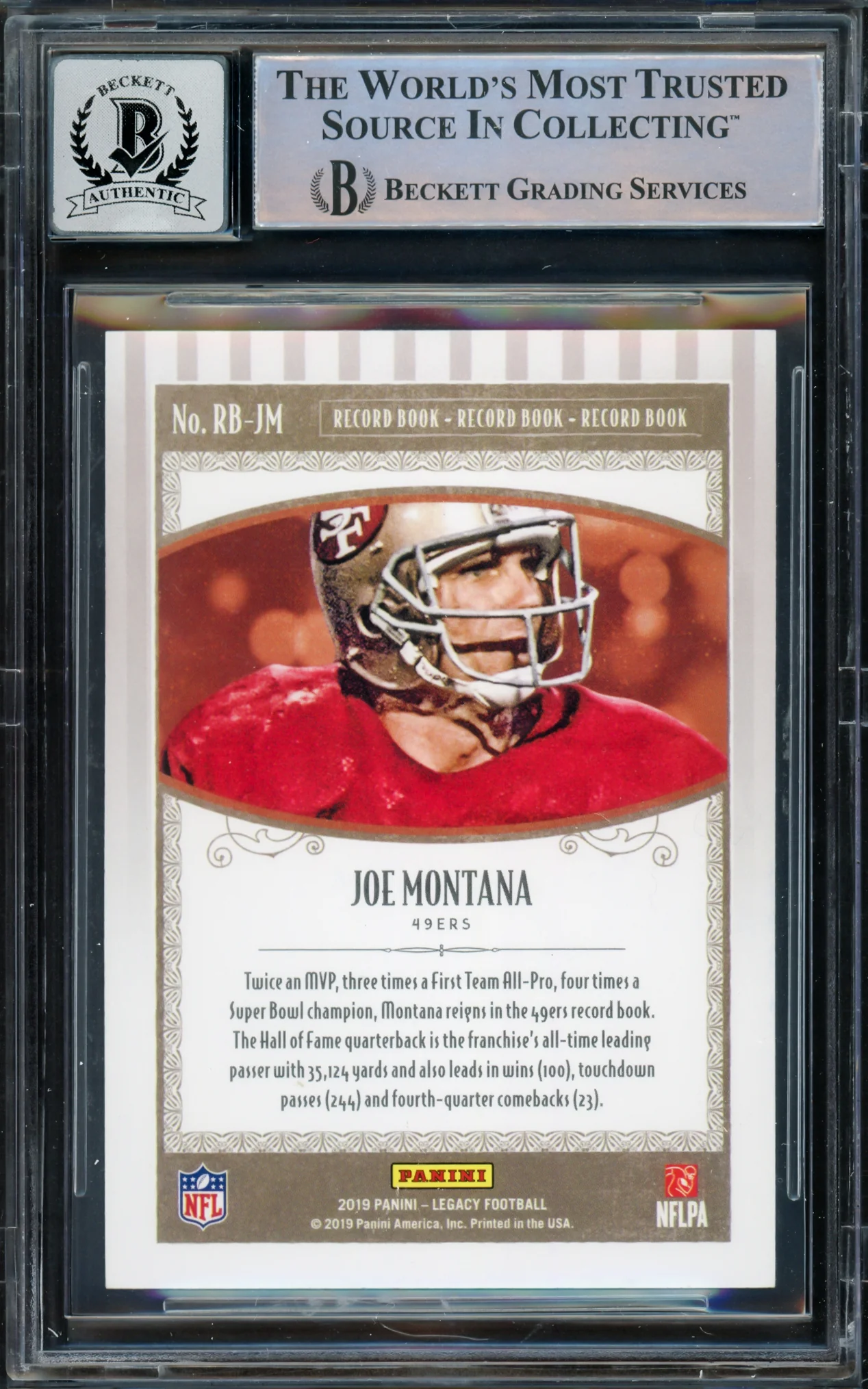 Joe Montana Autographed 2019 Panini Legacy Card #RB-JM San Francisco 49ers Auto Grade Gem Mint 10 Beckett BAS #16171182 - Image 2