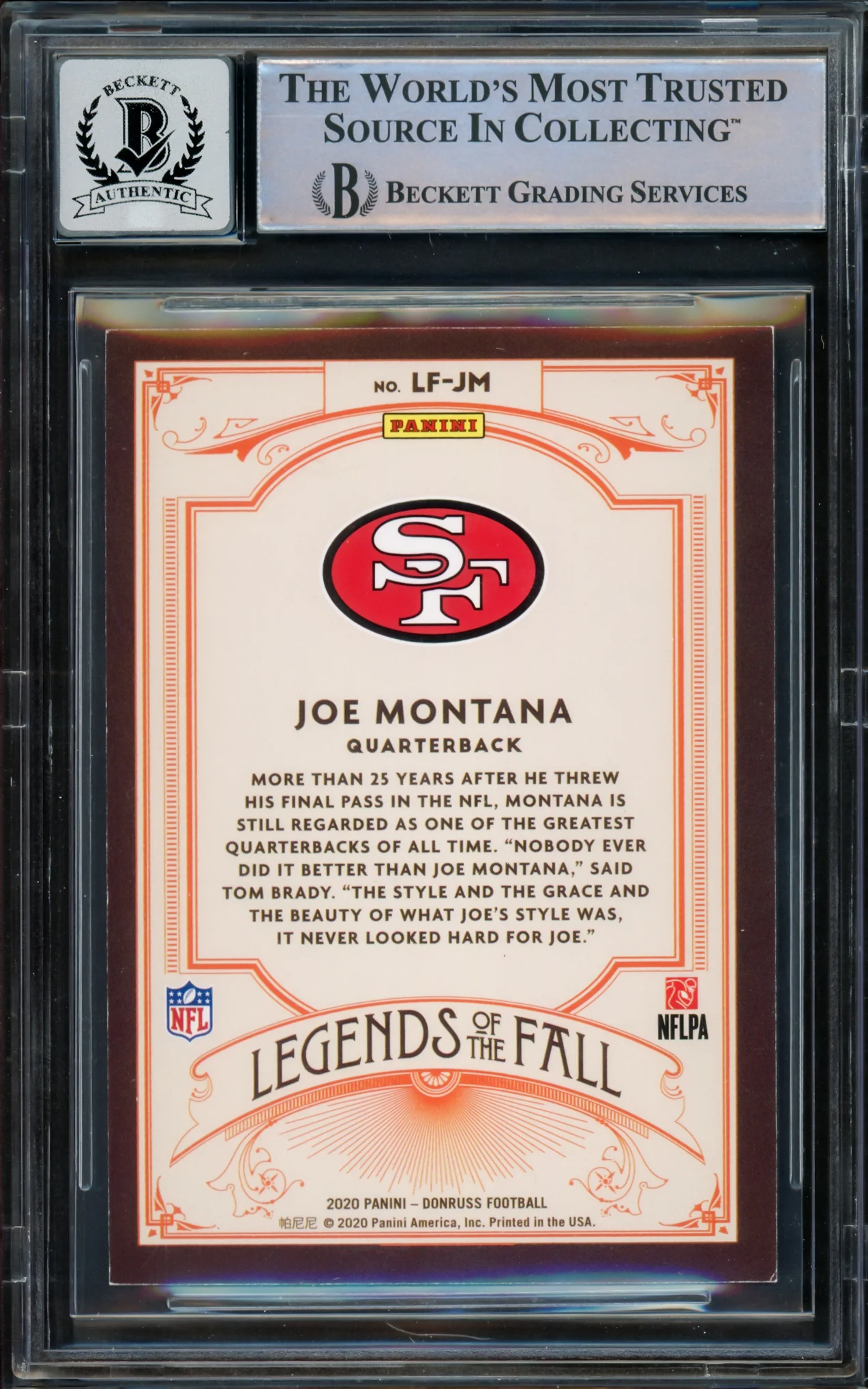 Joe Montana Autographed 2020 Donruss Card #LF-JM San Francisco 49ers Auto Grade Gem Mint 10 Beckett BAS #16171187 - Image 2