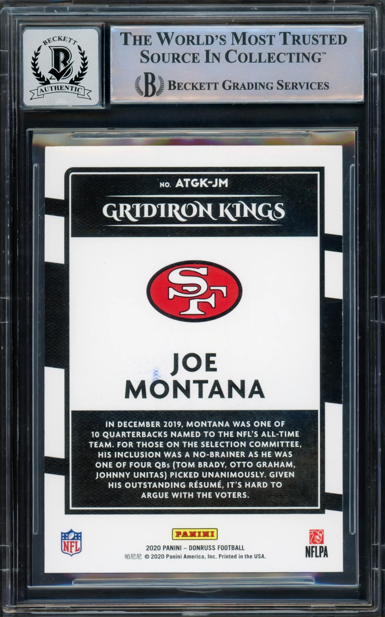 Joe Montana Autographed 2020 Donruss Gridiron Kings Card #ATGK-JM San Francisco 49ers Auto Grade Gem Mint 10 Beckett BAS Stock #220775 - Image 2