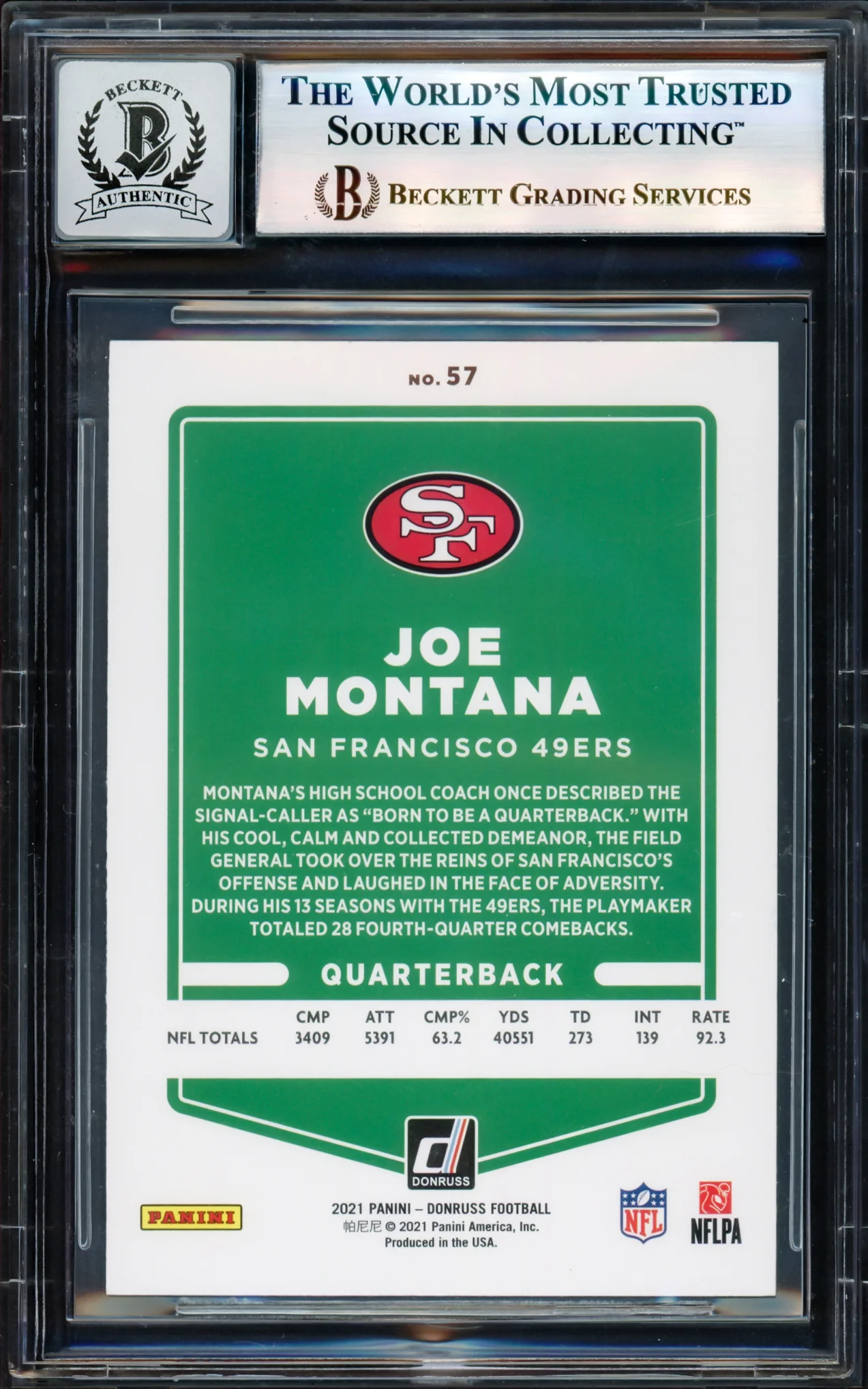 Joe Montana Autographed 2021 Donruss Card #57B San Francisco 49ers Auto Grade Gem Mint 10 Beckett BAS Stock #238921 - Image 2