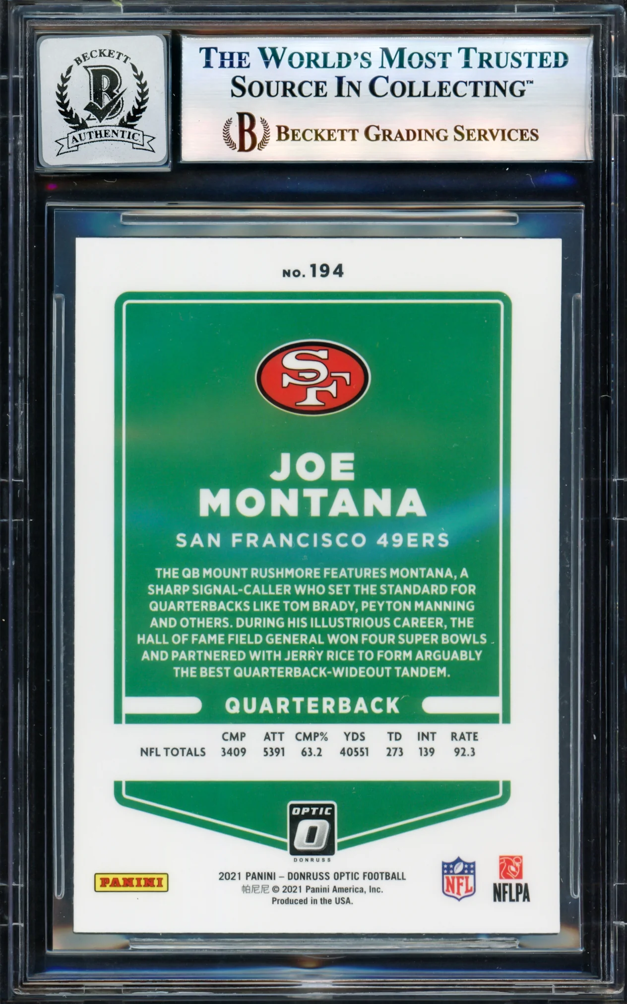 Joe Montana Autographed 2021 Donruss Optic Card #194 San Francisco 49ers Auto Grade Gem Mint 10 Beckett BAS #17604671 - Image 2