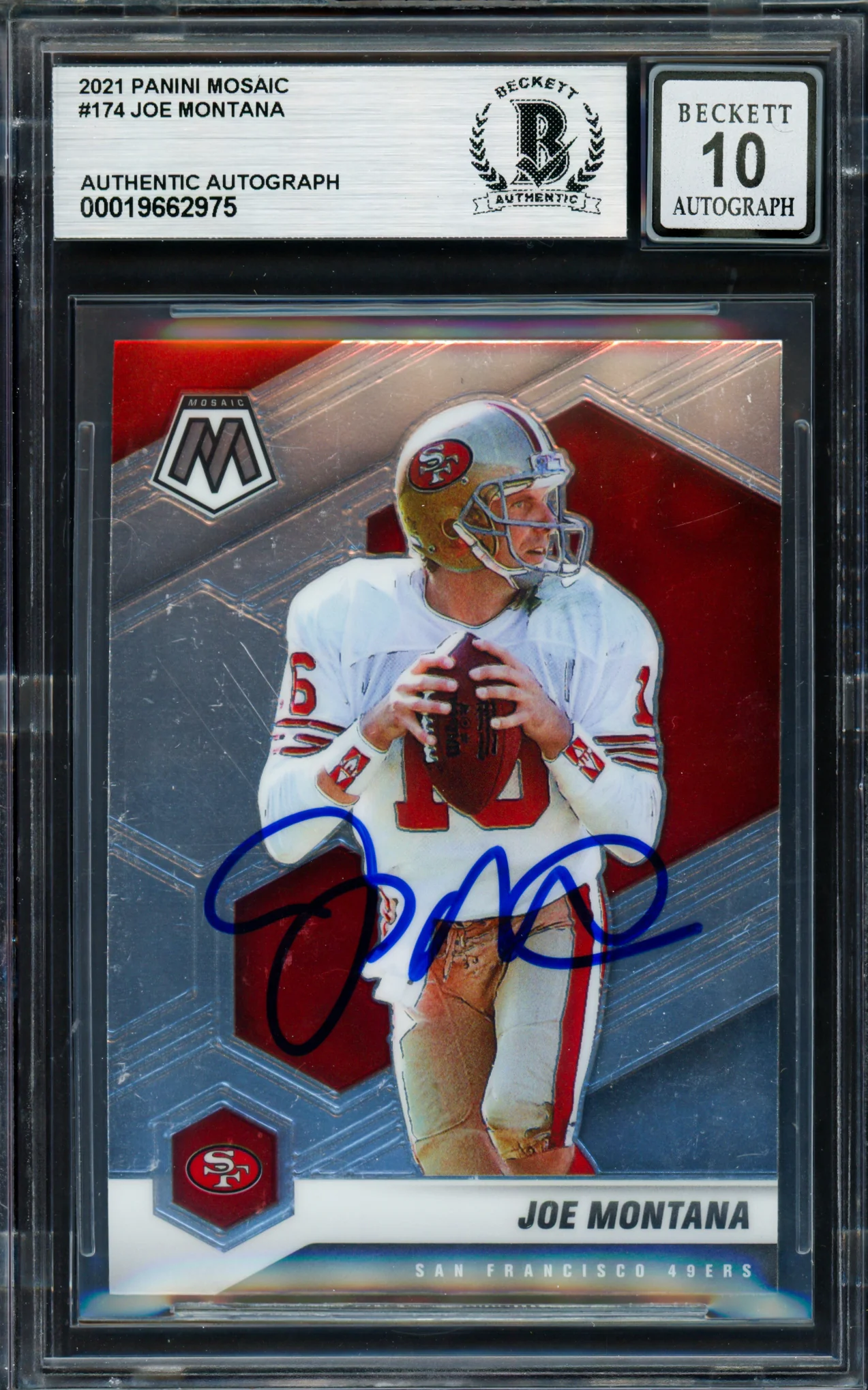 Joe Montana Autographed 2021 Panini Mosaic Card #174 San Francisco 49ers Auto Grade Gem Mint 10 Beckett BAS #19662975