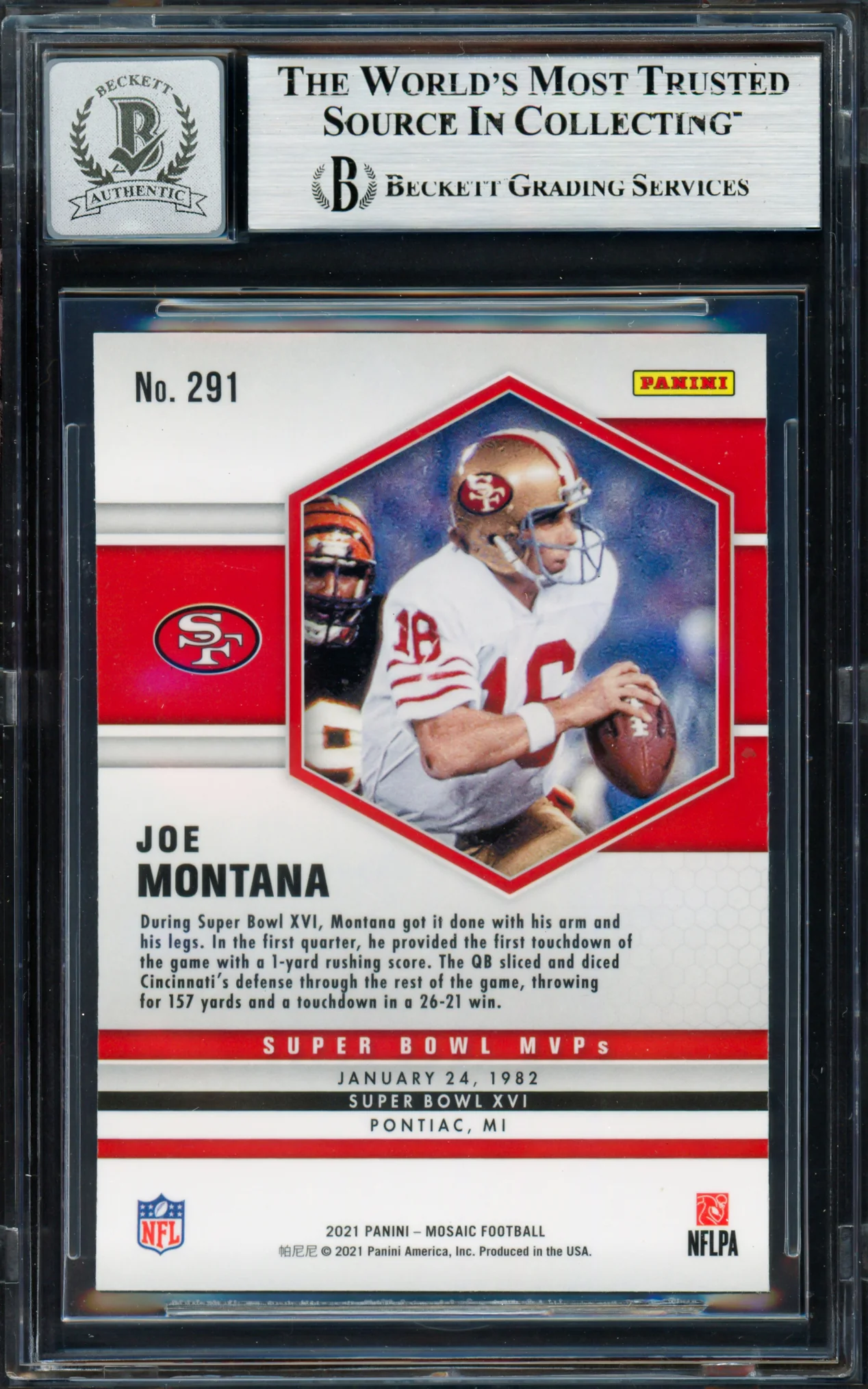 Joe Montana Autographed 2021 Panini Mosaic Card #291 San Francisco 49ers Auto Grade Gem Mint 10 Beckett BAS #19663583 - Image 2
