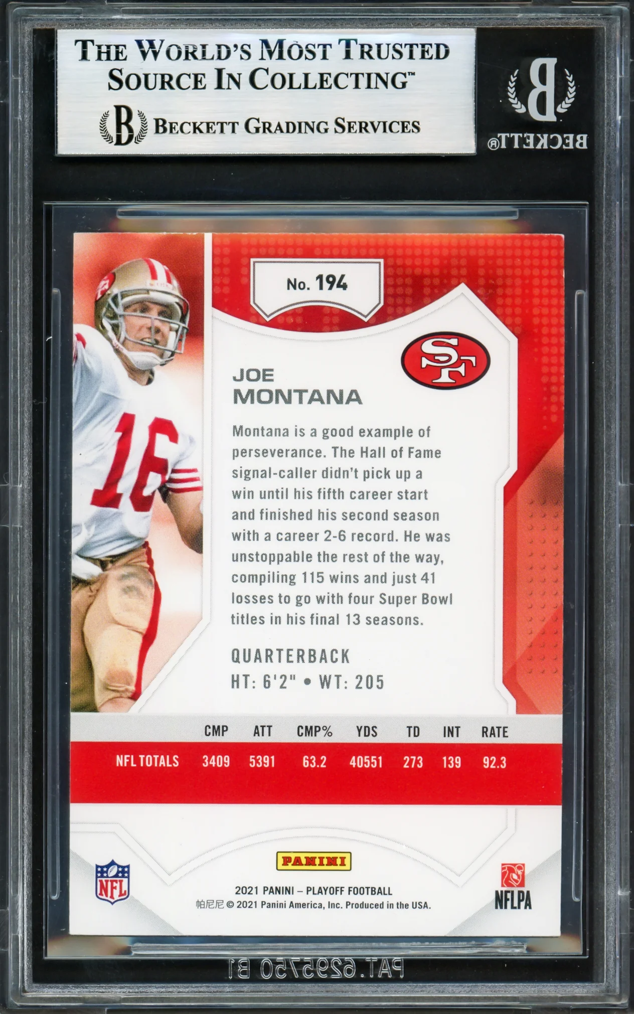 Joe Montana Autographed 2021 Panini Playoff Card #194 San Francisco 49ers Beckett BAS #17606292 - Image 2