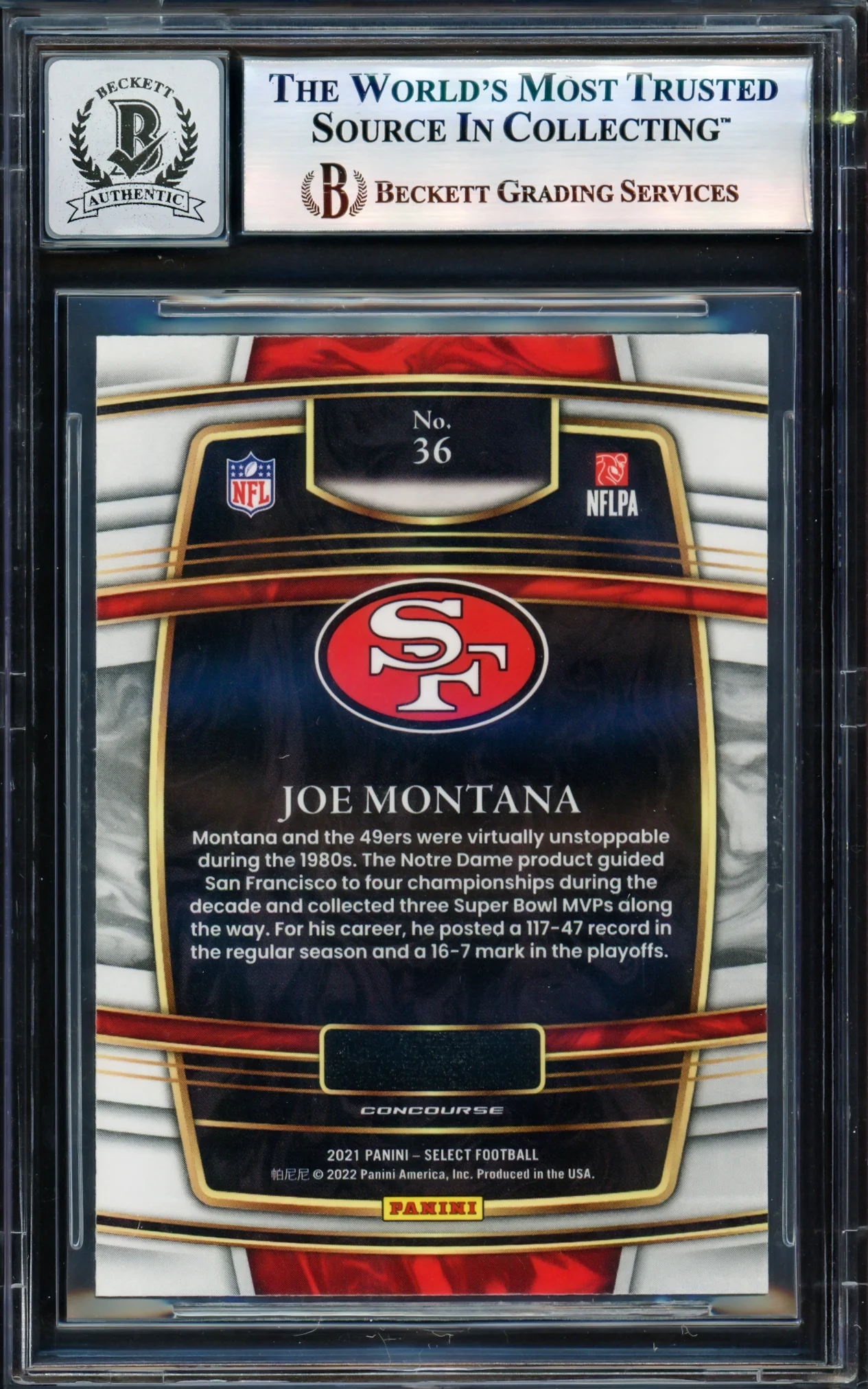 Joe Montana Autographed 2021 Select Card #36 San Francisco 49ers Auto Grade Gem Mint 10 Beckett BAS #17604684 - Image 2