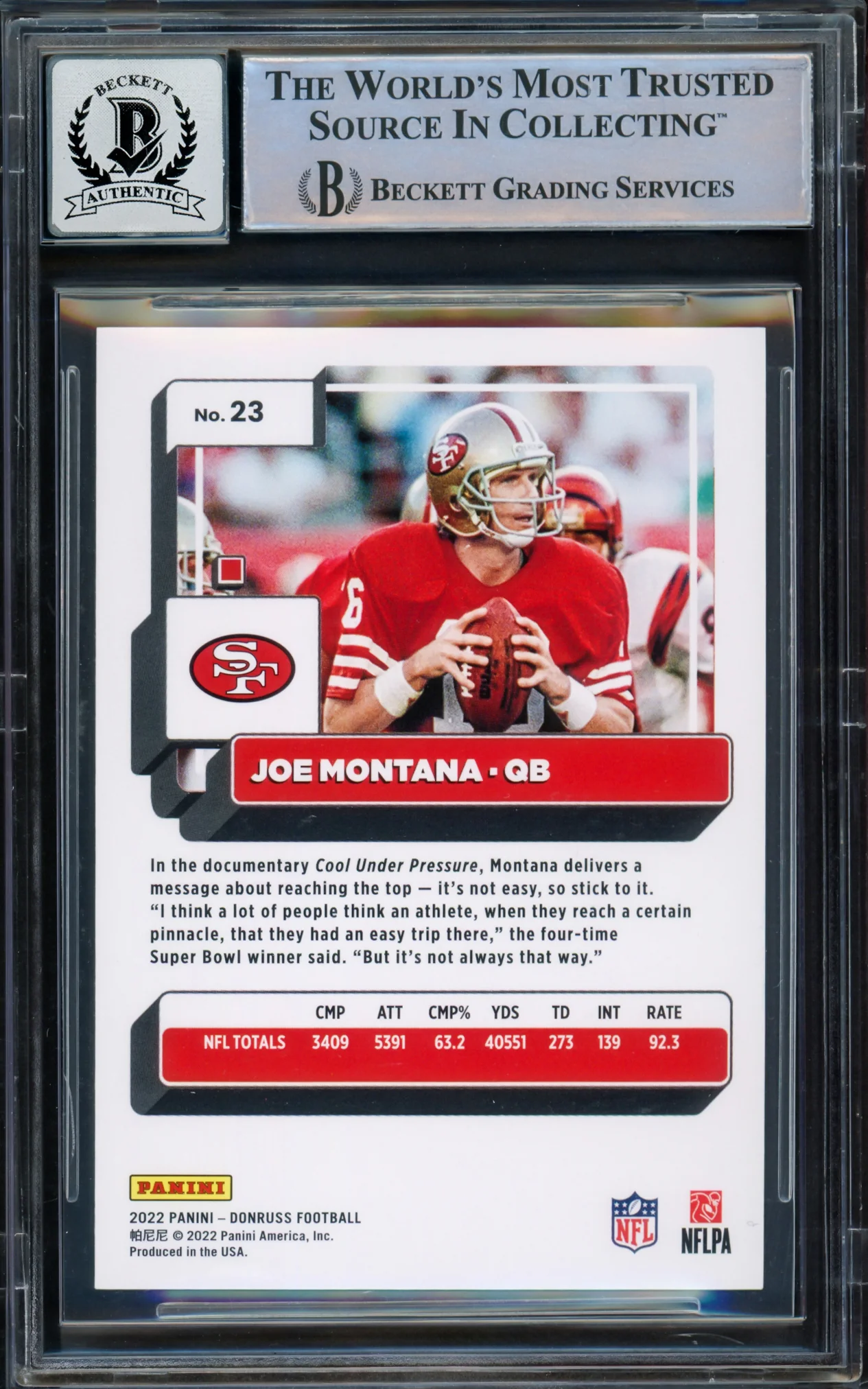 Joe Montana Autographed 2022 Donruss Card #23 San Francisco 49ers Auto Grade Gem Mint 10 Beckett BAS Stock #220776 - Image 2
